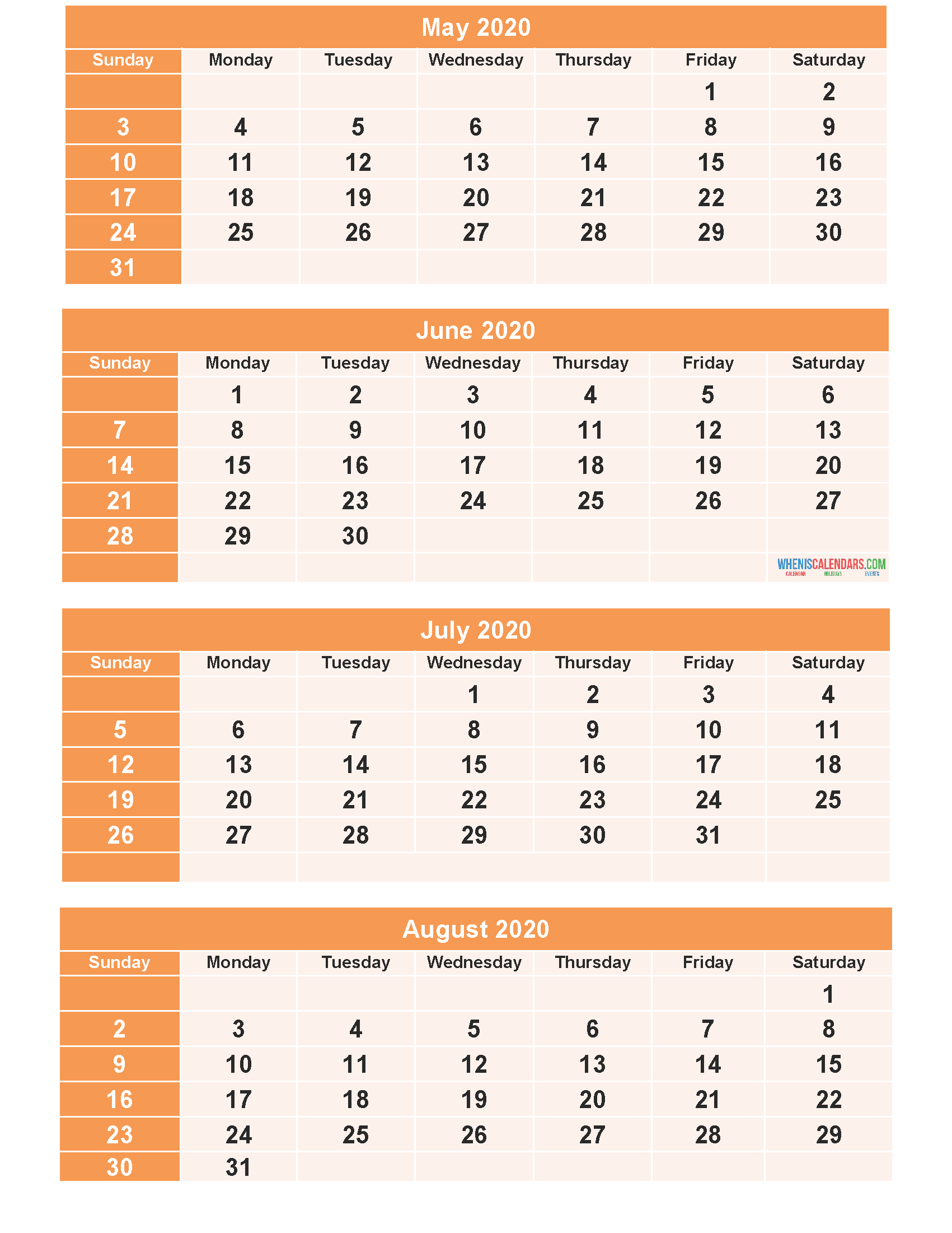 May June July August 2020 Calendar with Holidays Printable Calendar