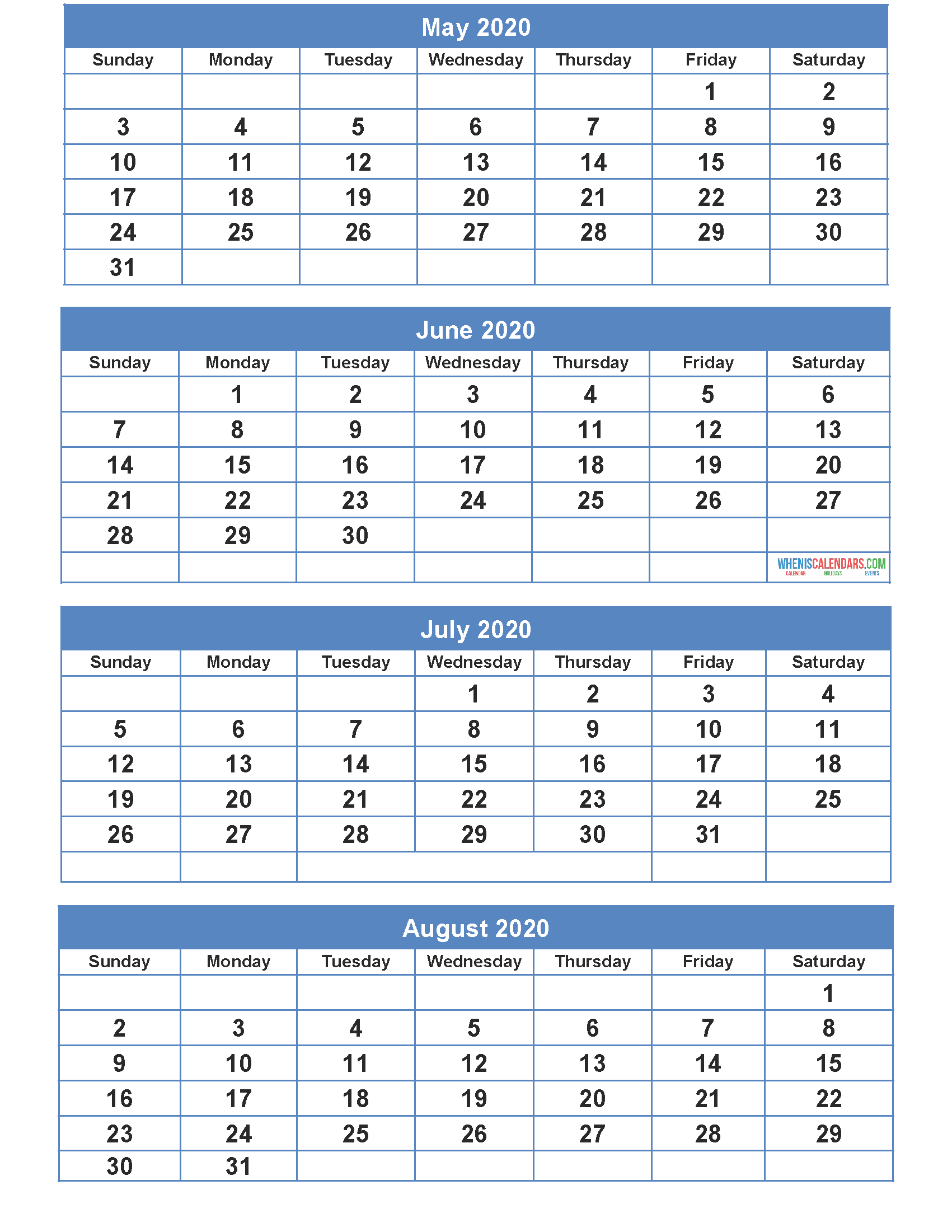 May June July August 2020 Calendar Printable Free Download