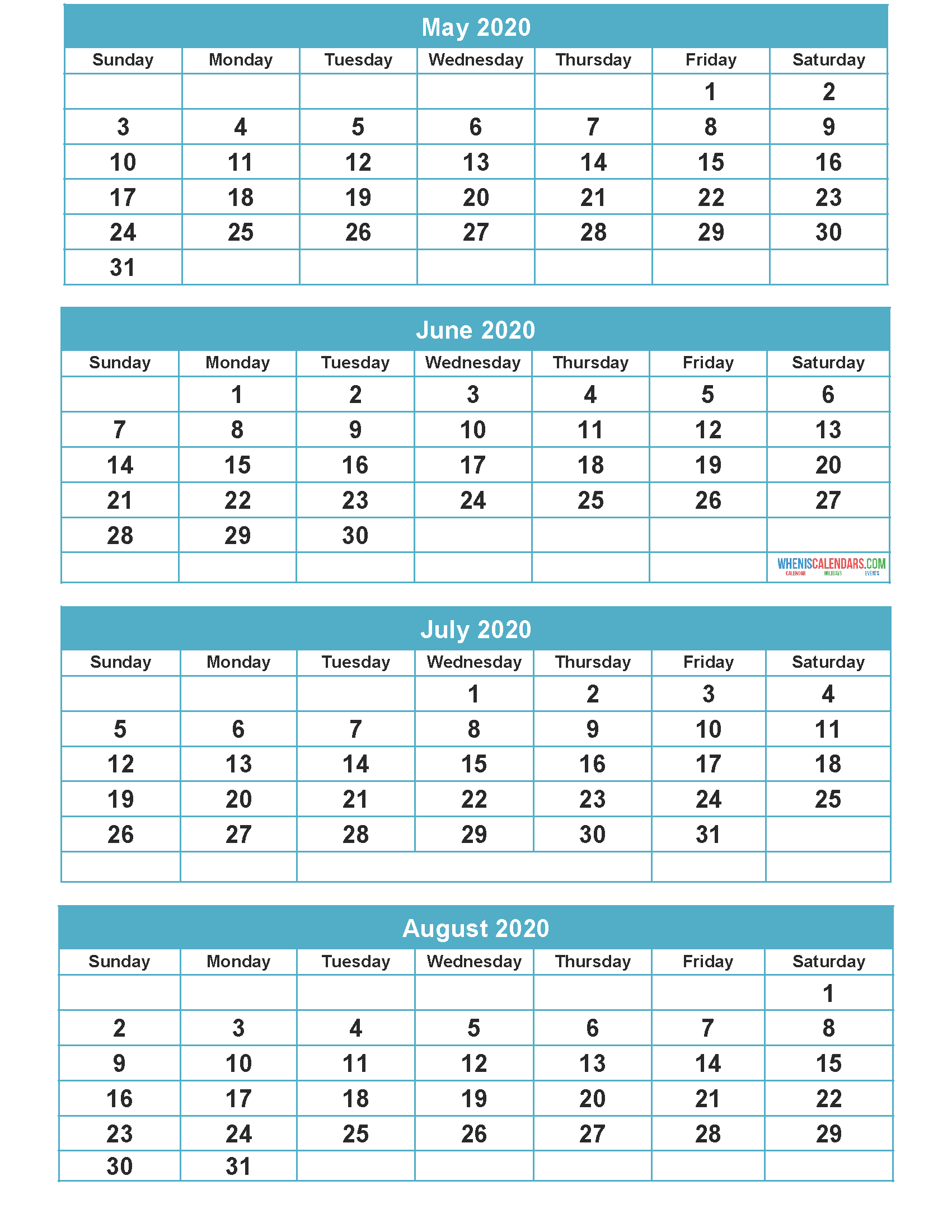 Free Calendar 2020 May June July August Printable