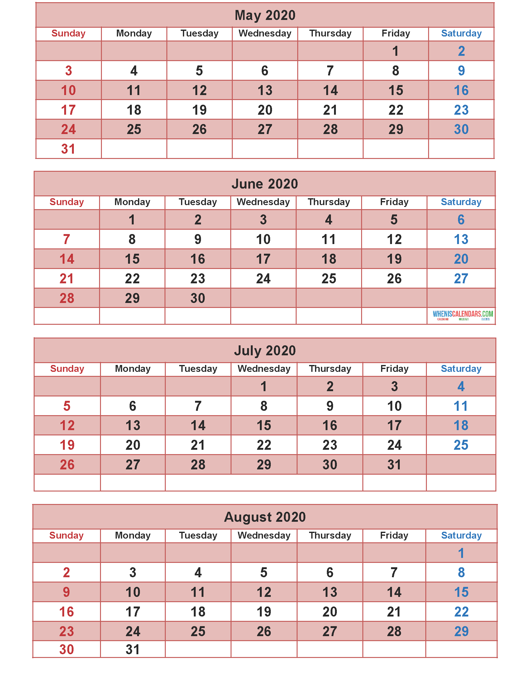 Printable Calendar 2020 May June July August Word, PDF, Image