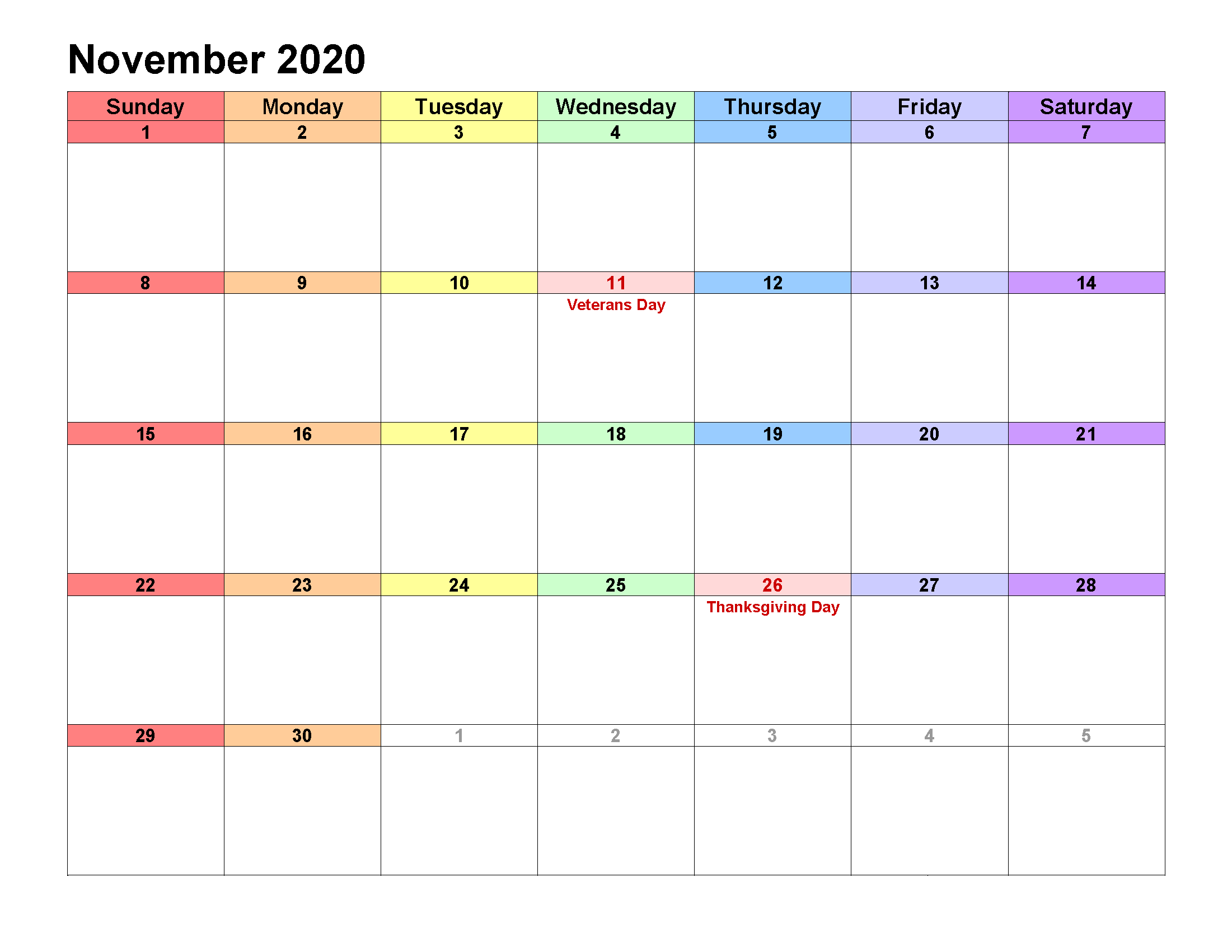 Printable Calendar Template November 2020 Calendar landscape