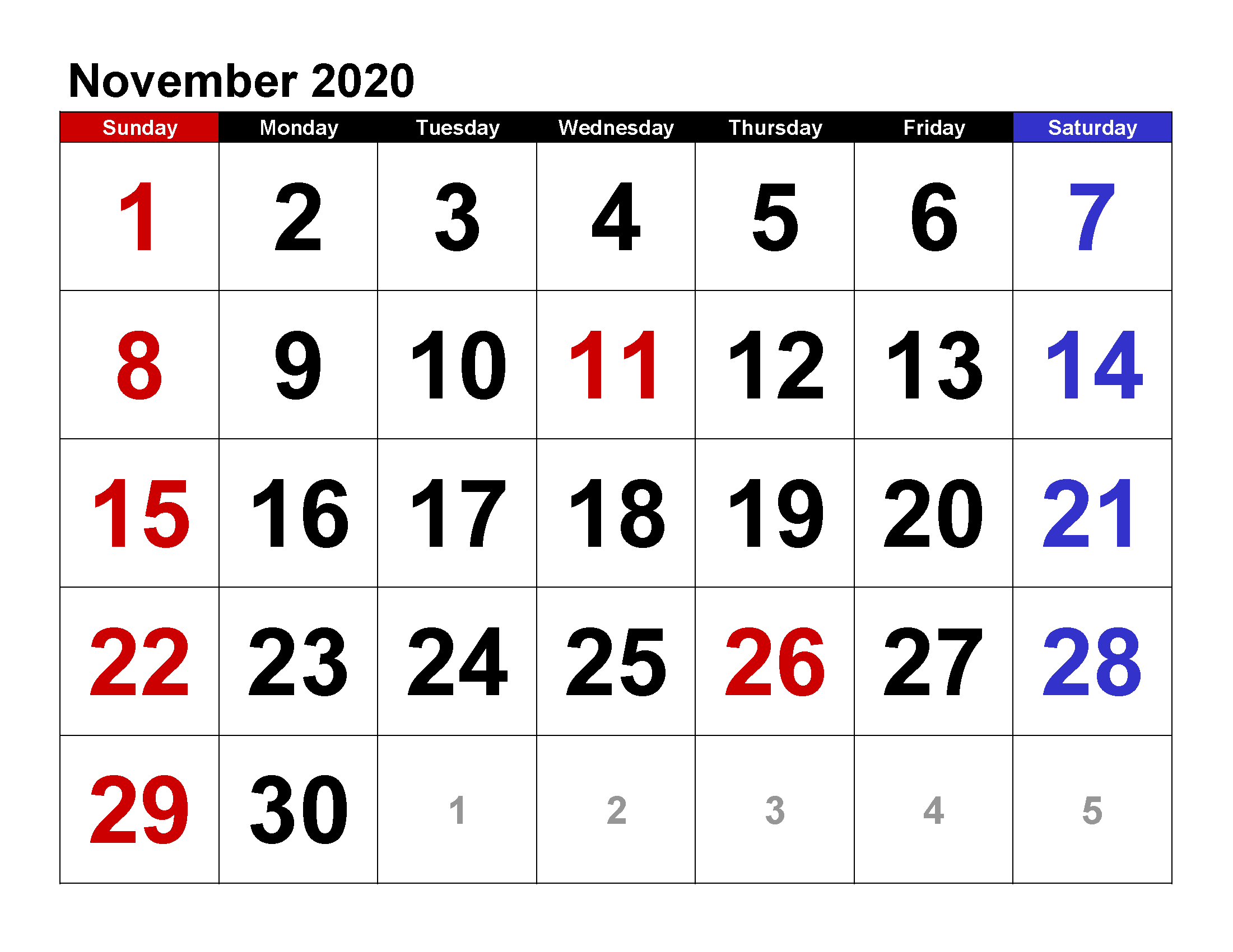 Printable Calendar Template November 2020 Calendar large numerals