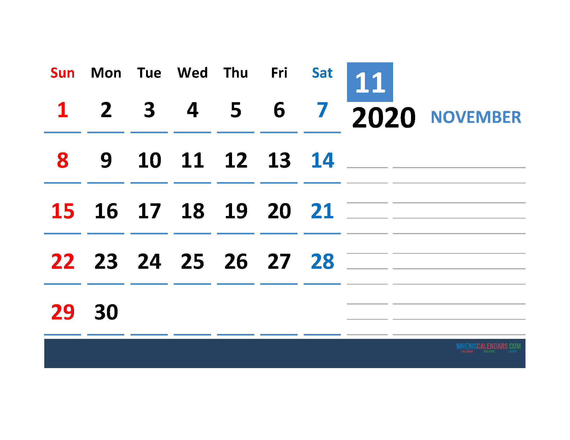 Printable Calendar Template November 2020 Calendar with space for notes