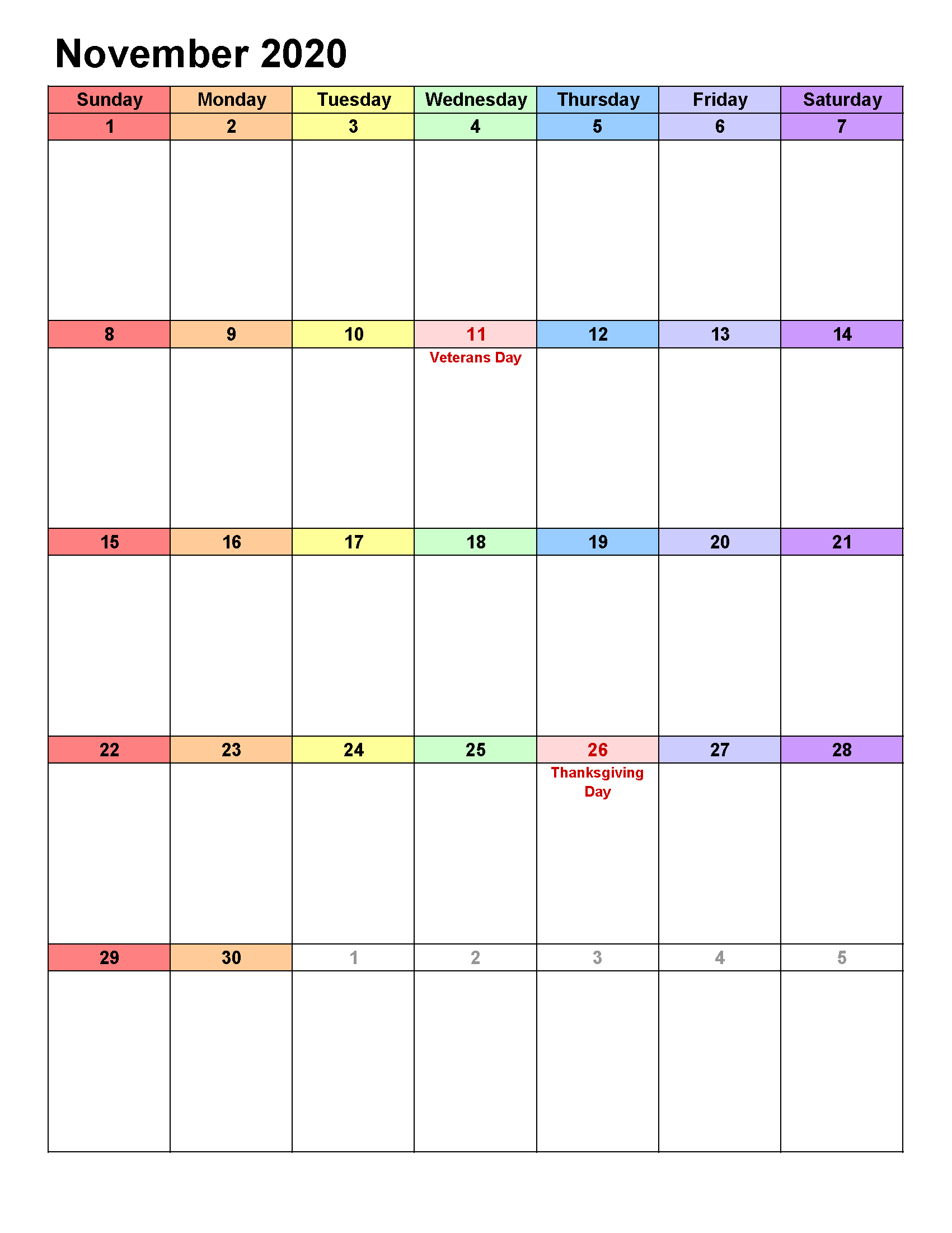 Printable Calendar Template November 2020 Calendar portrait