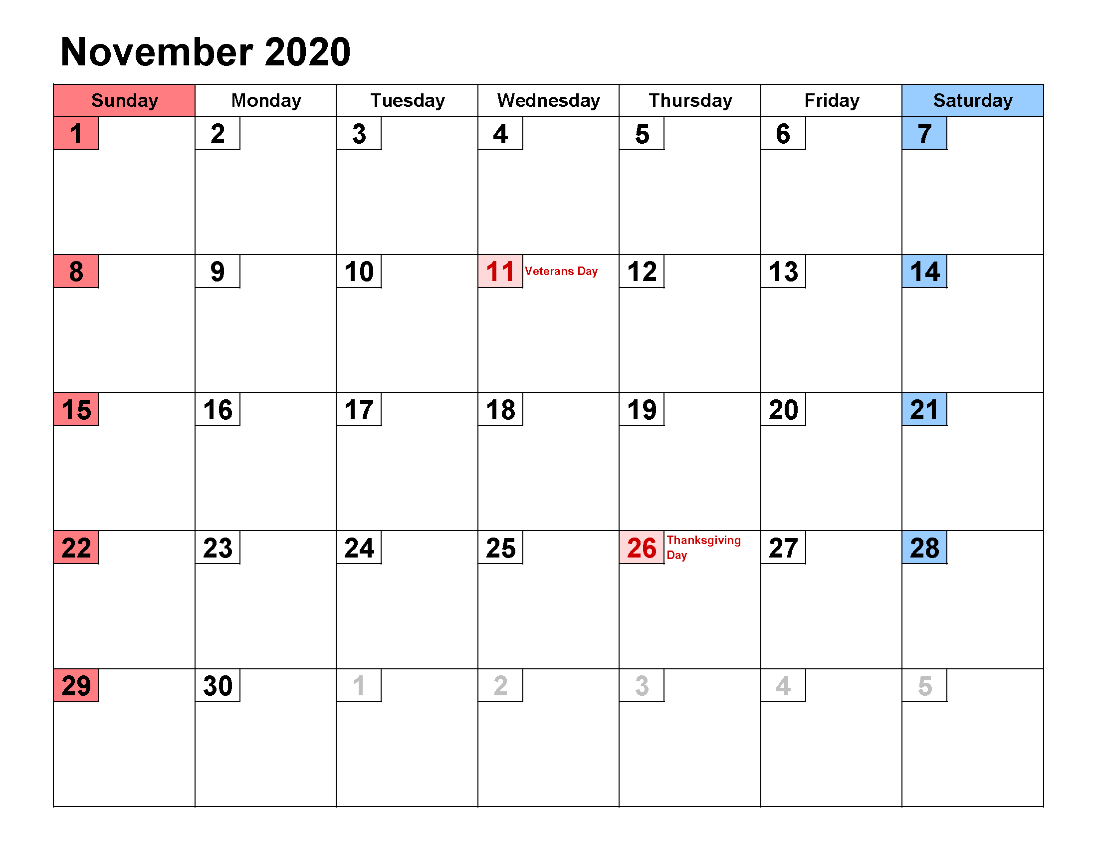 Printable Calendar Template November 2020 Calendar small numerals