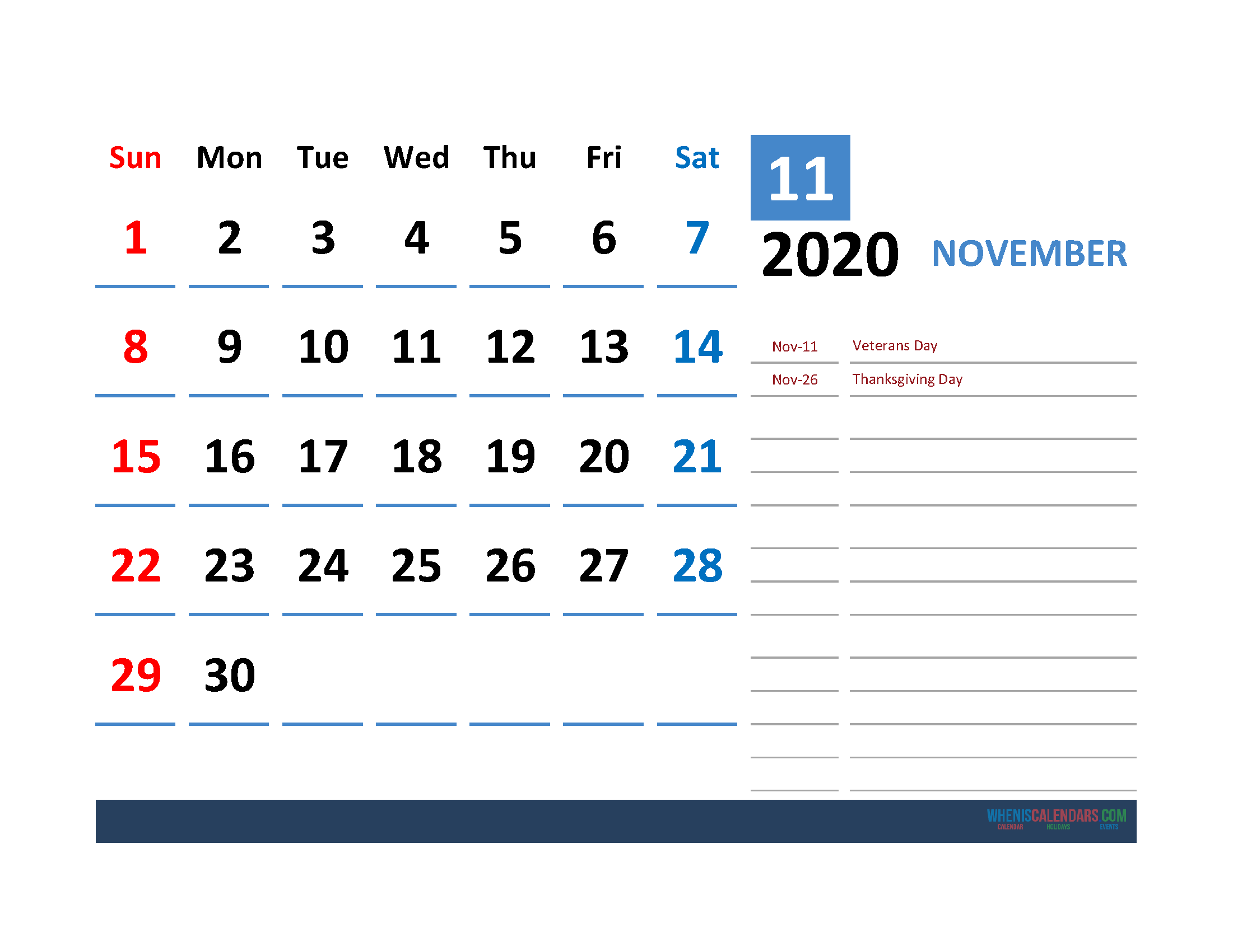 Printable Calendar Template November 2020 Calendar with Holidays