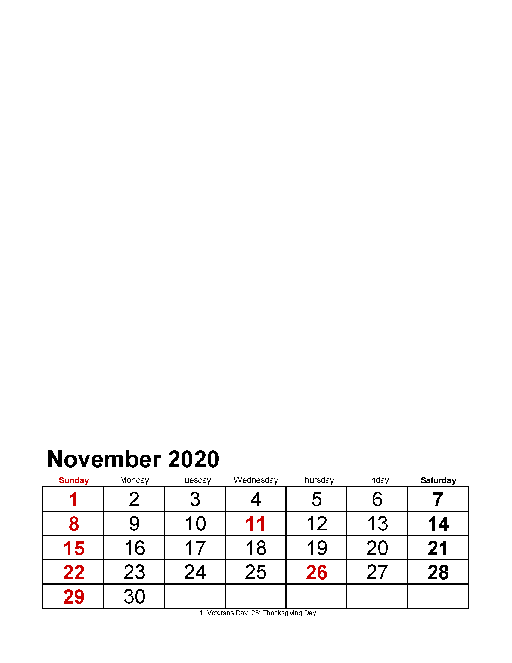Printable November 2020 Photo Calendar with Holidays Large Numerals