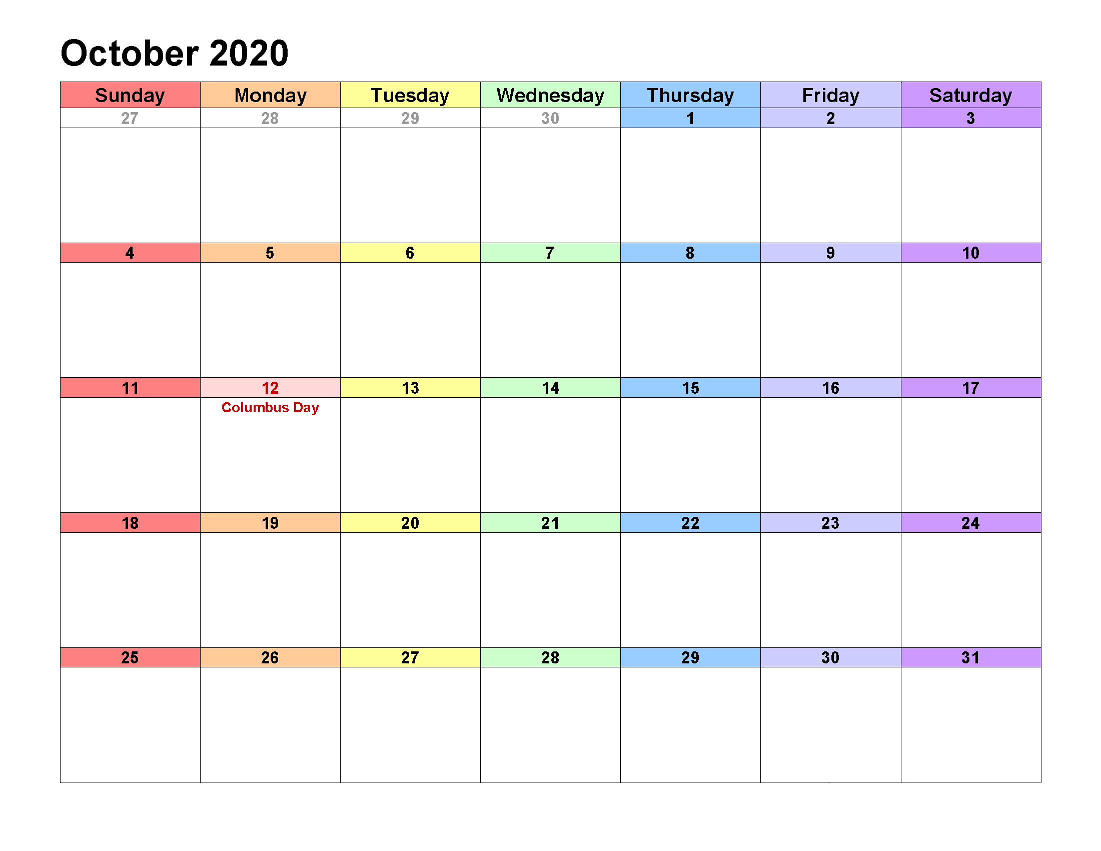 Printable Calendar Template October 2020 Calendar landscape