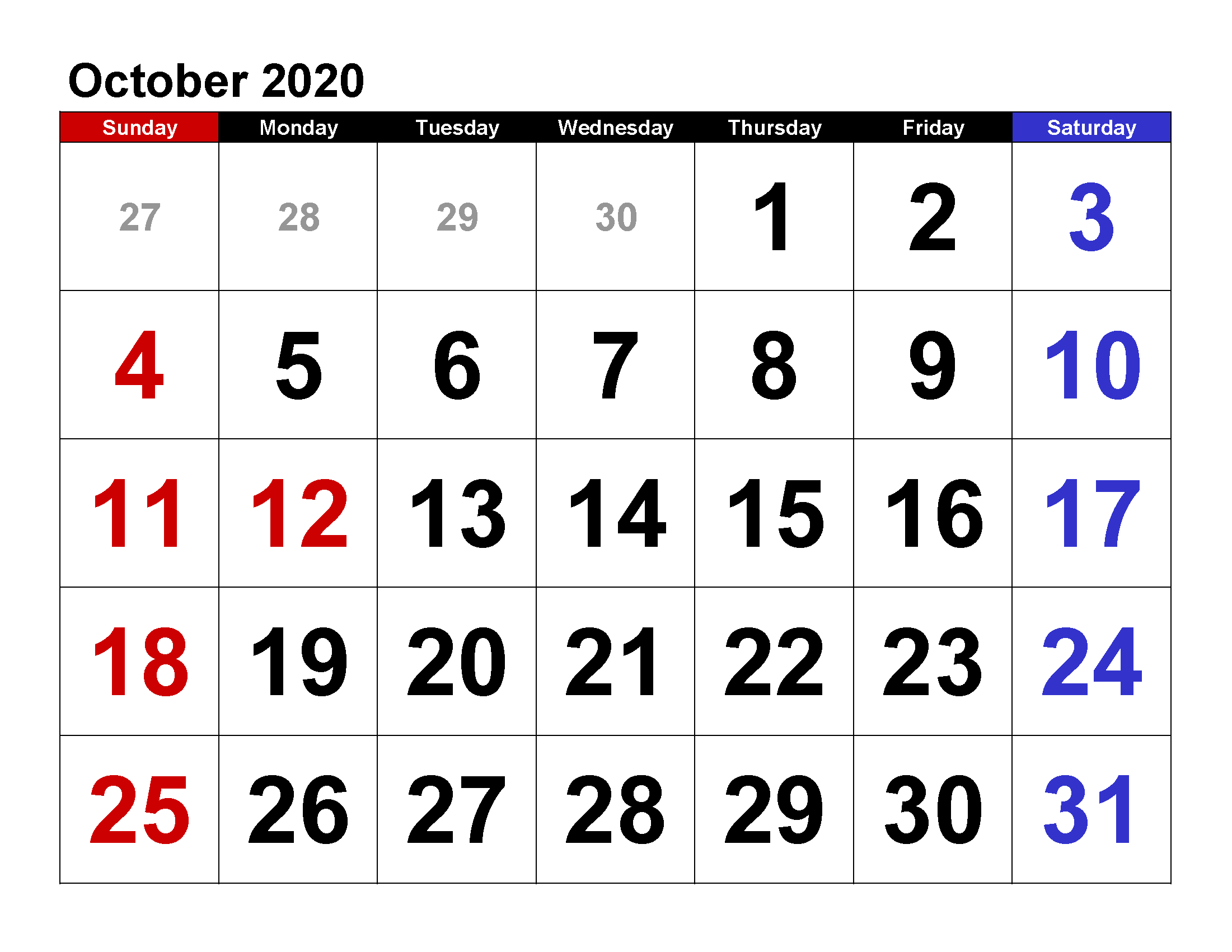 Printable Calendar Template October 2020 Calendar large numerals