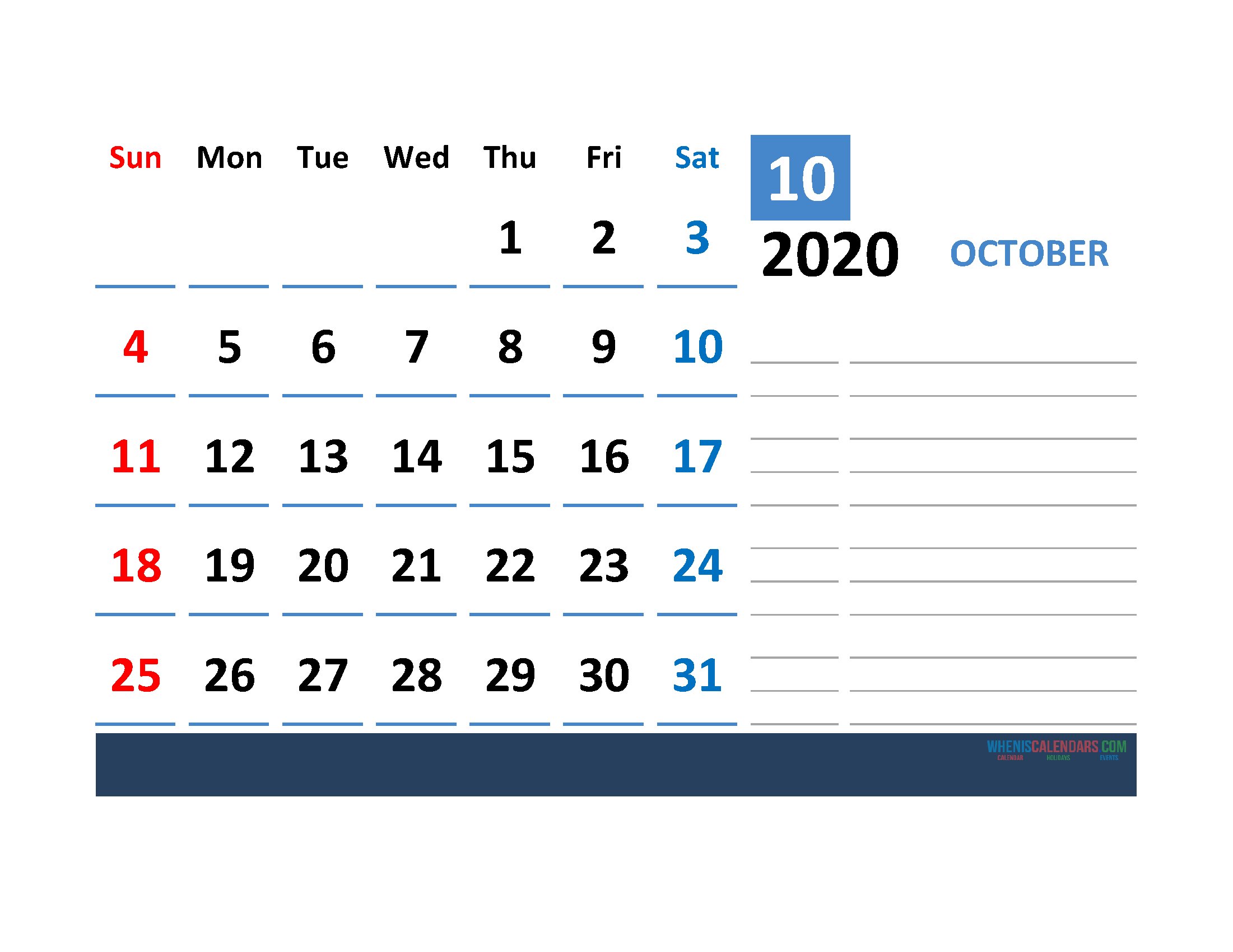 Printable Calendar Template October 2020 Calendar with space for notes