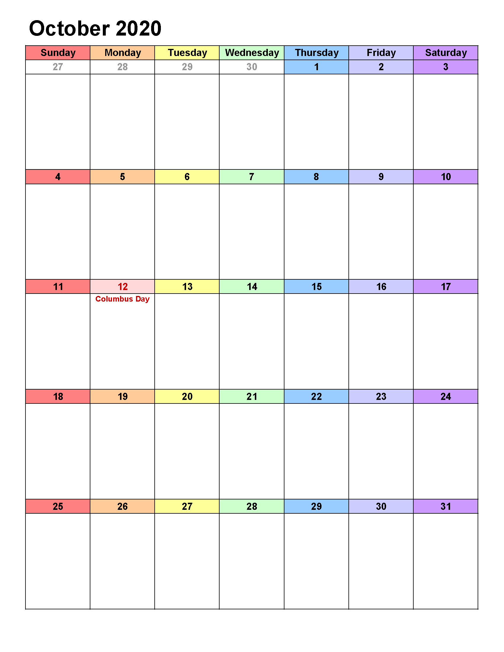 Printable Calendar Template October 2020 Calendar portrait