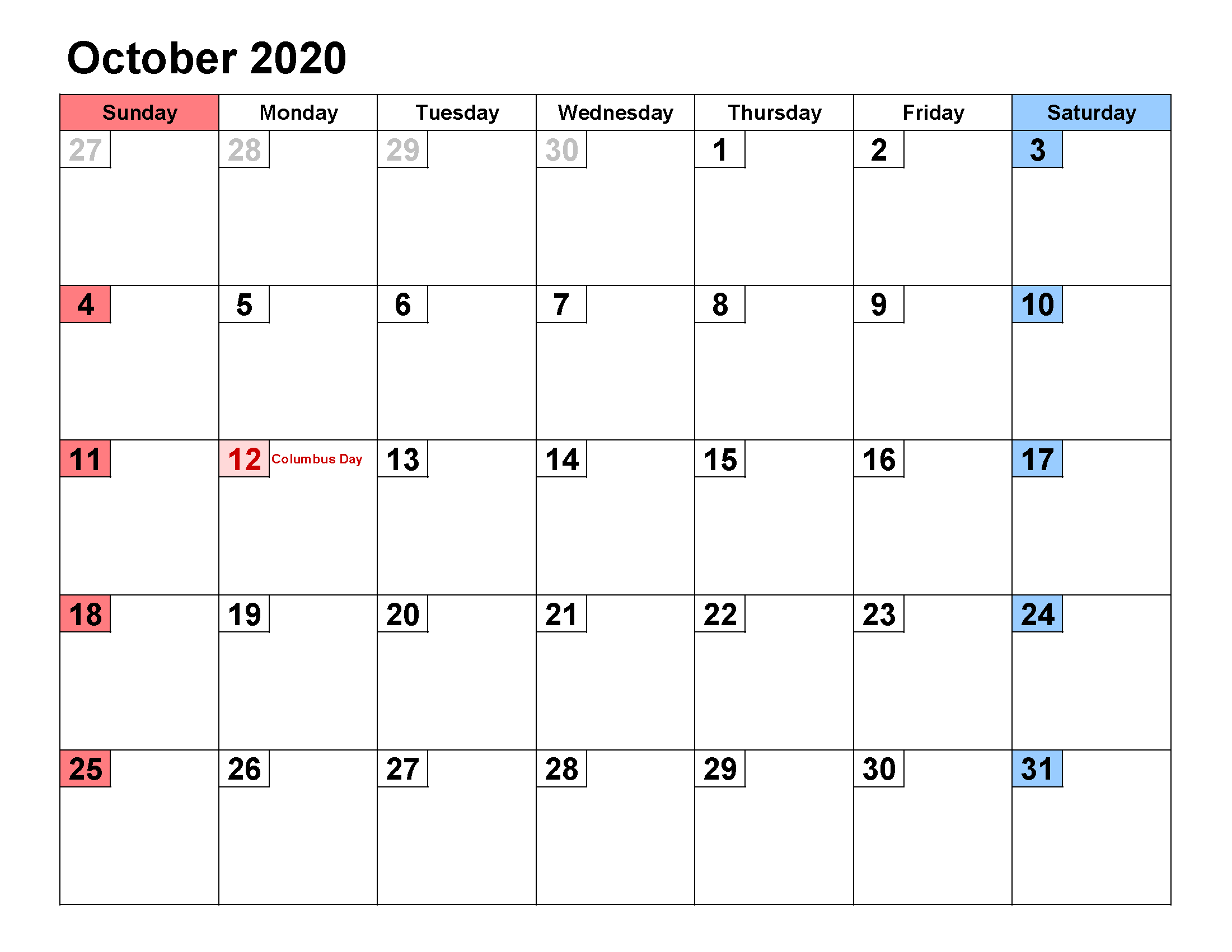 Printable Calendar Template October 2020 Calendar small numerals