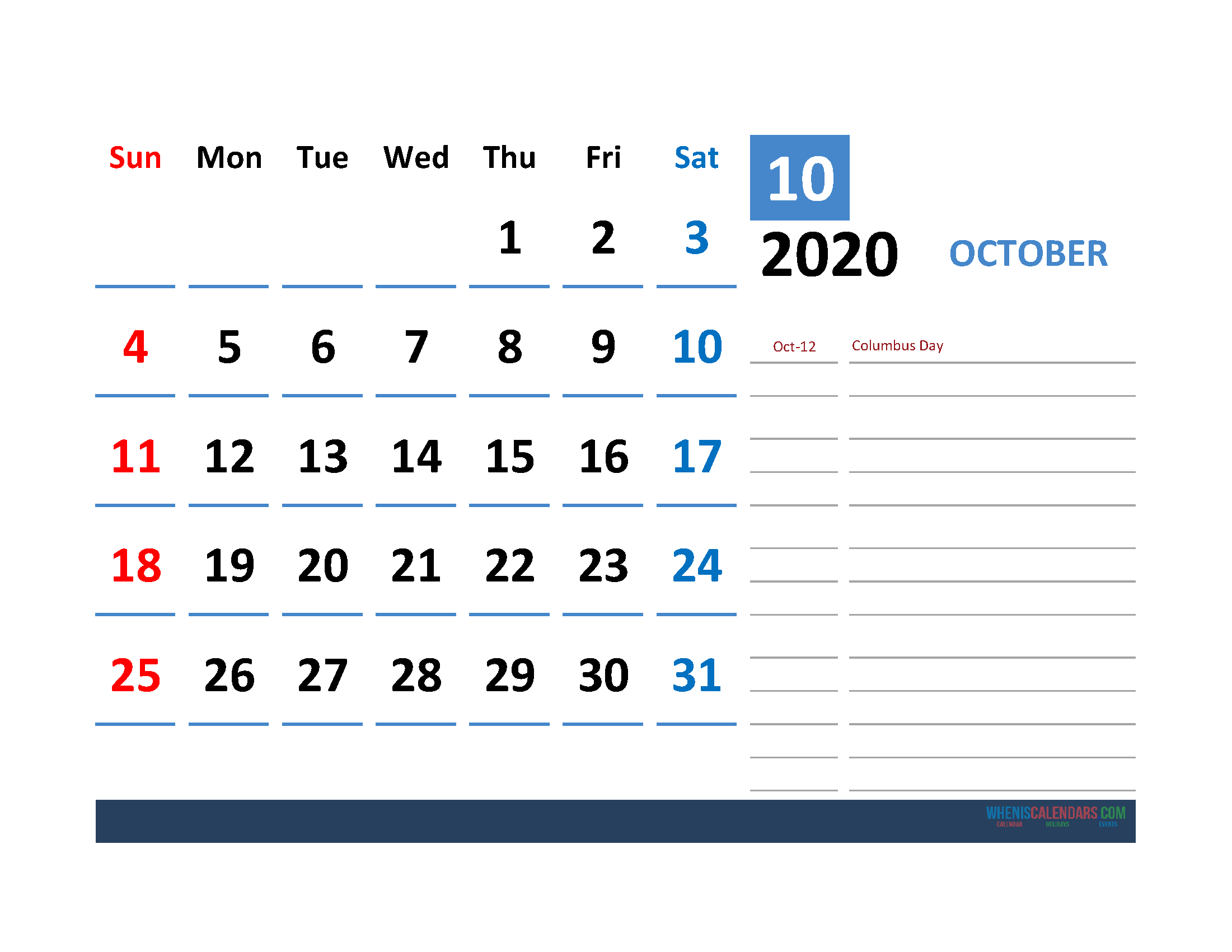 Printable Calendar Template October 2020 Calendar with Holidays
