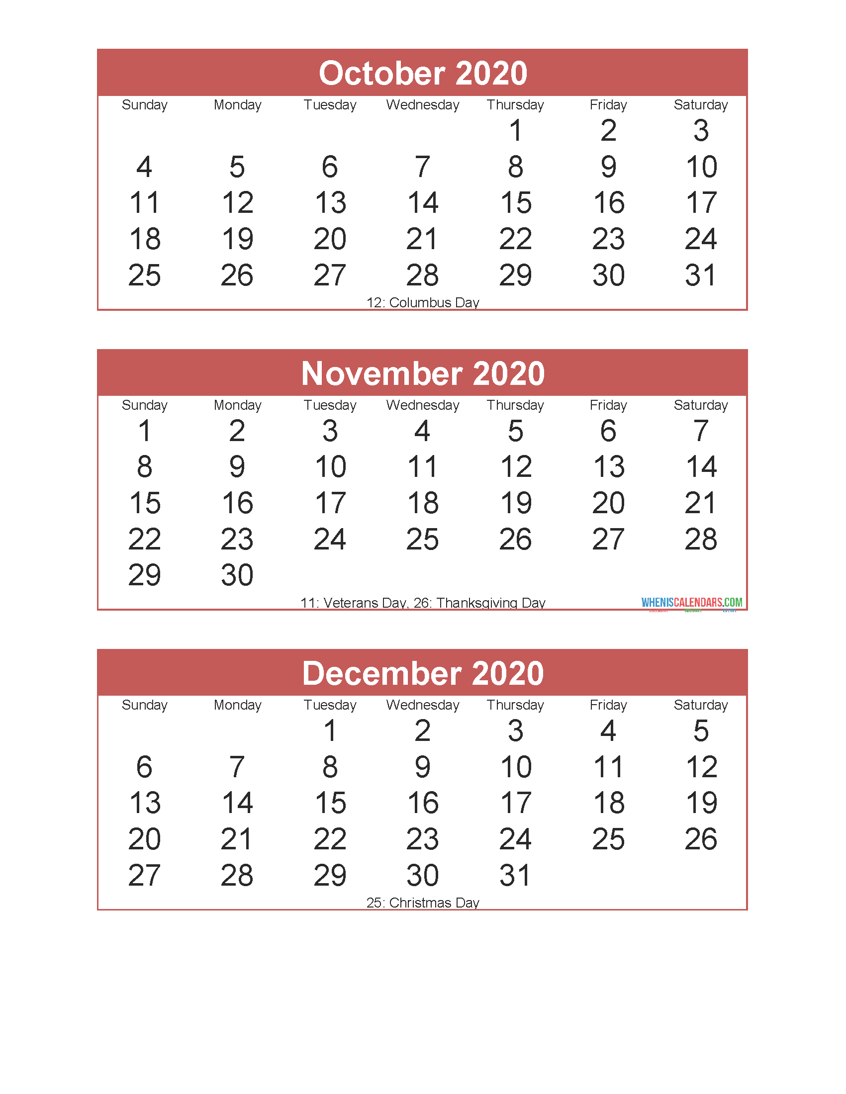3 Month Calendar 2020 Printable Oct Nov Dec Printable