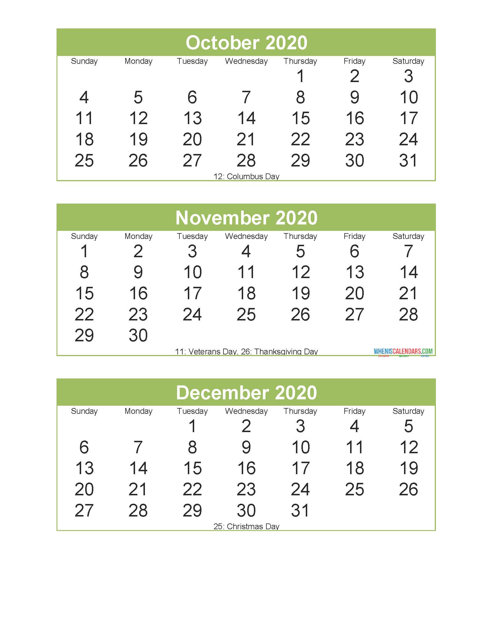 Printable Calendar October November December 2020 PDF, Excel
