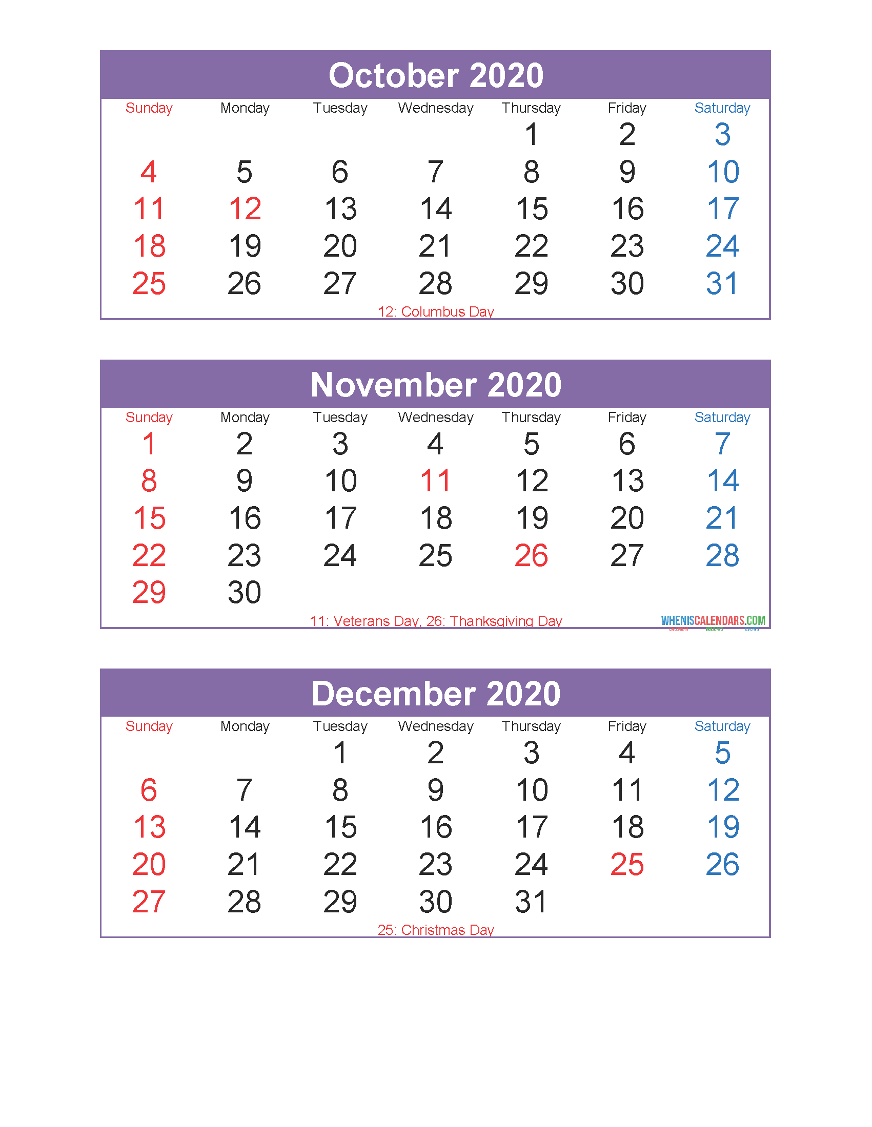 Printable Calendar October November December 2020 3 Months Per Page