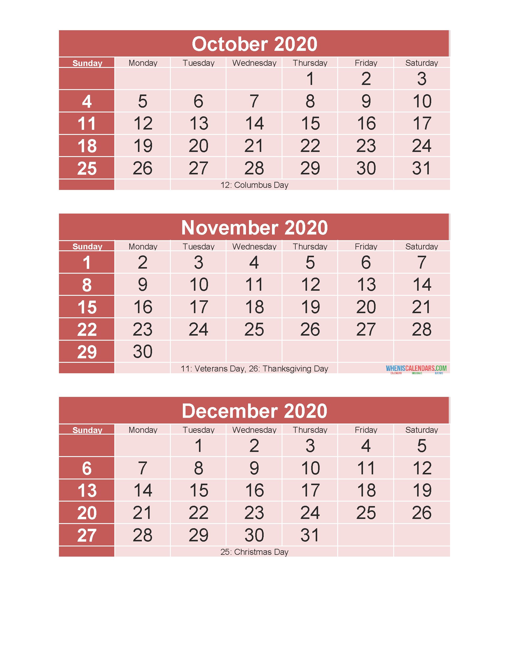 Free Printable 3 Month Calendar 2020 October November December