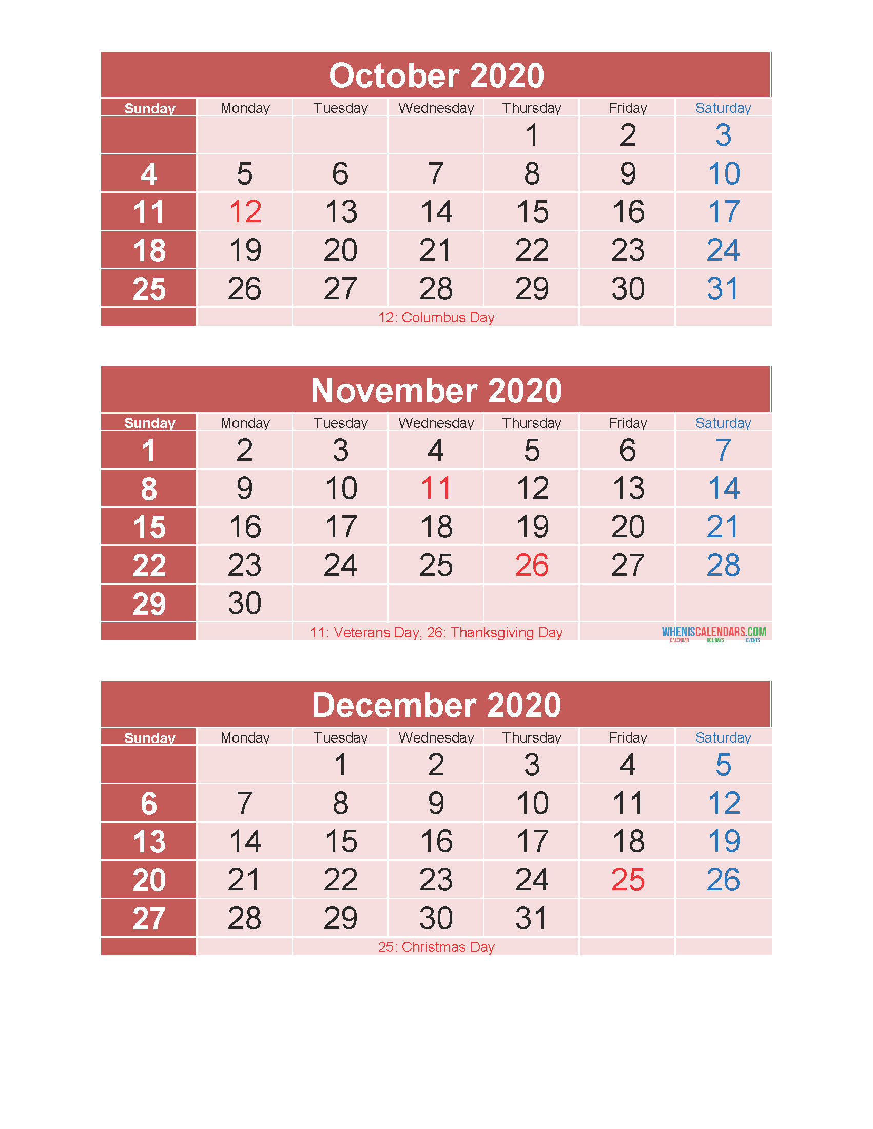 Printable Calendar October November December 2020 3 Months Per Page