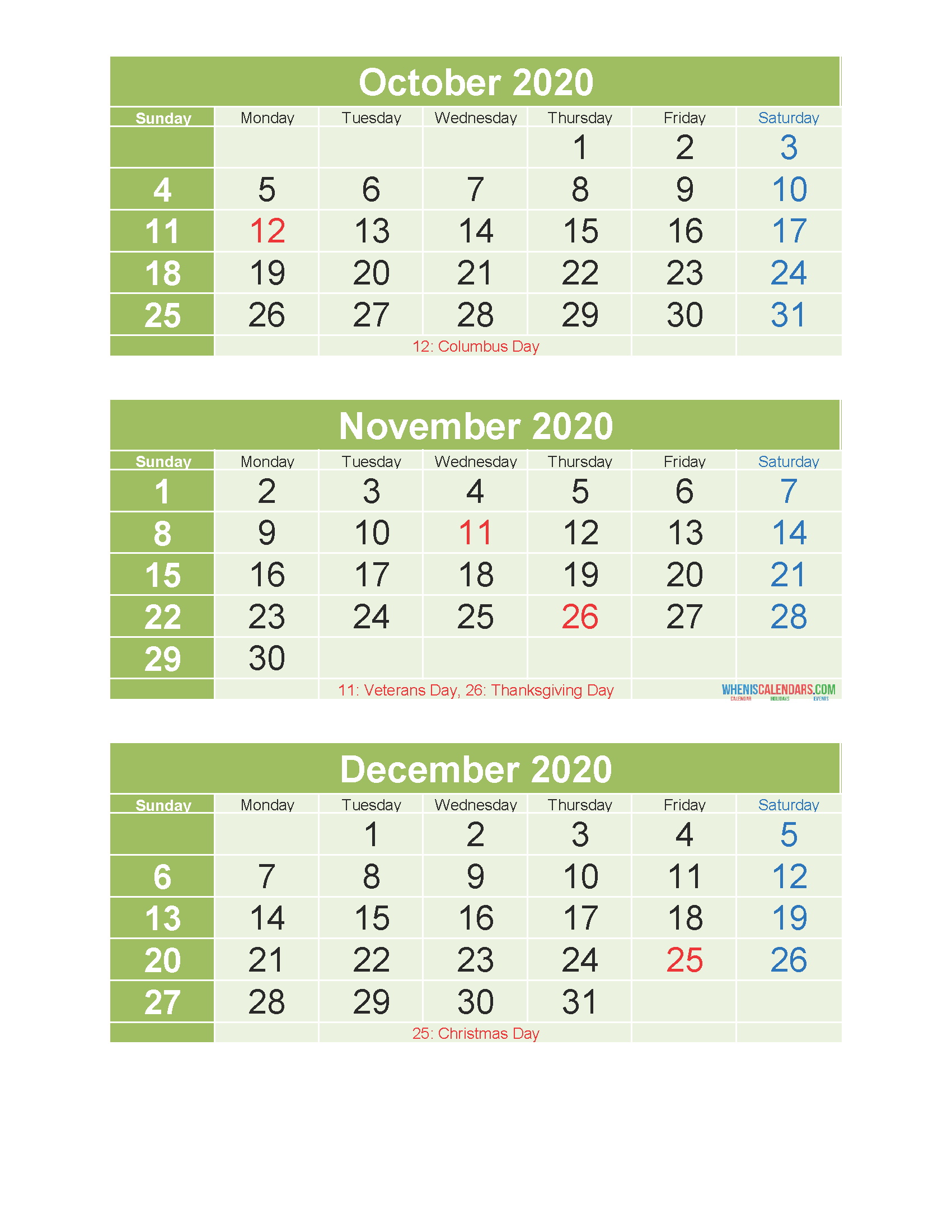 Free Printable 3 Month Calendar 2020 Oct Nov Dec PDF, Excel