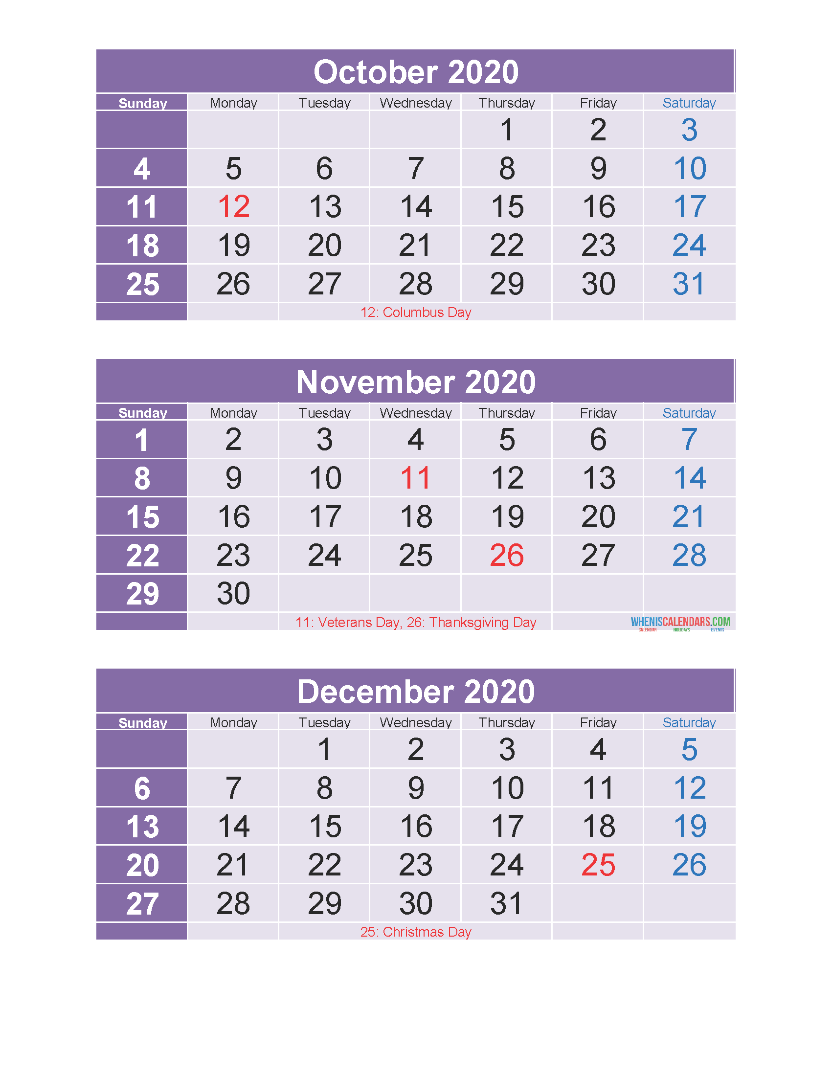 October November December 2020 Calendar 3 Months Per Page Printable
