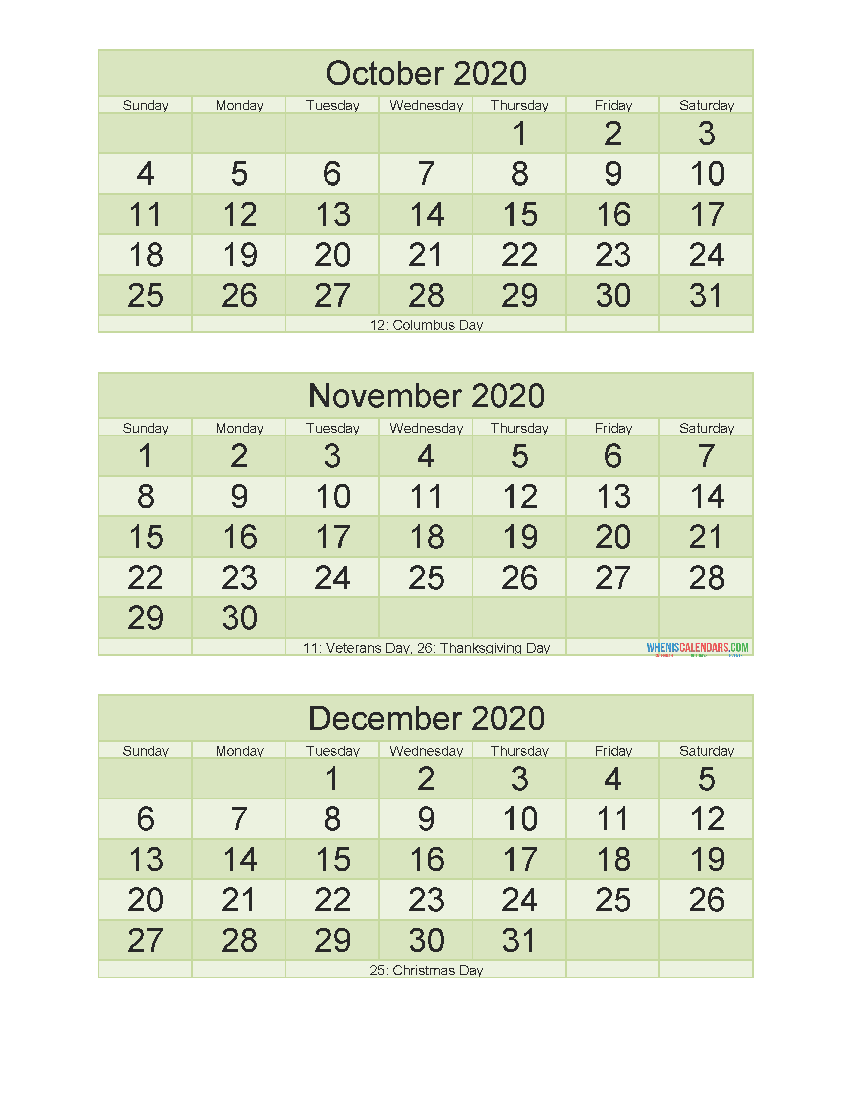 Free Printable 3 Month Calendar 2020 October November December