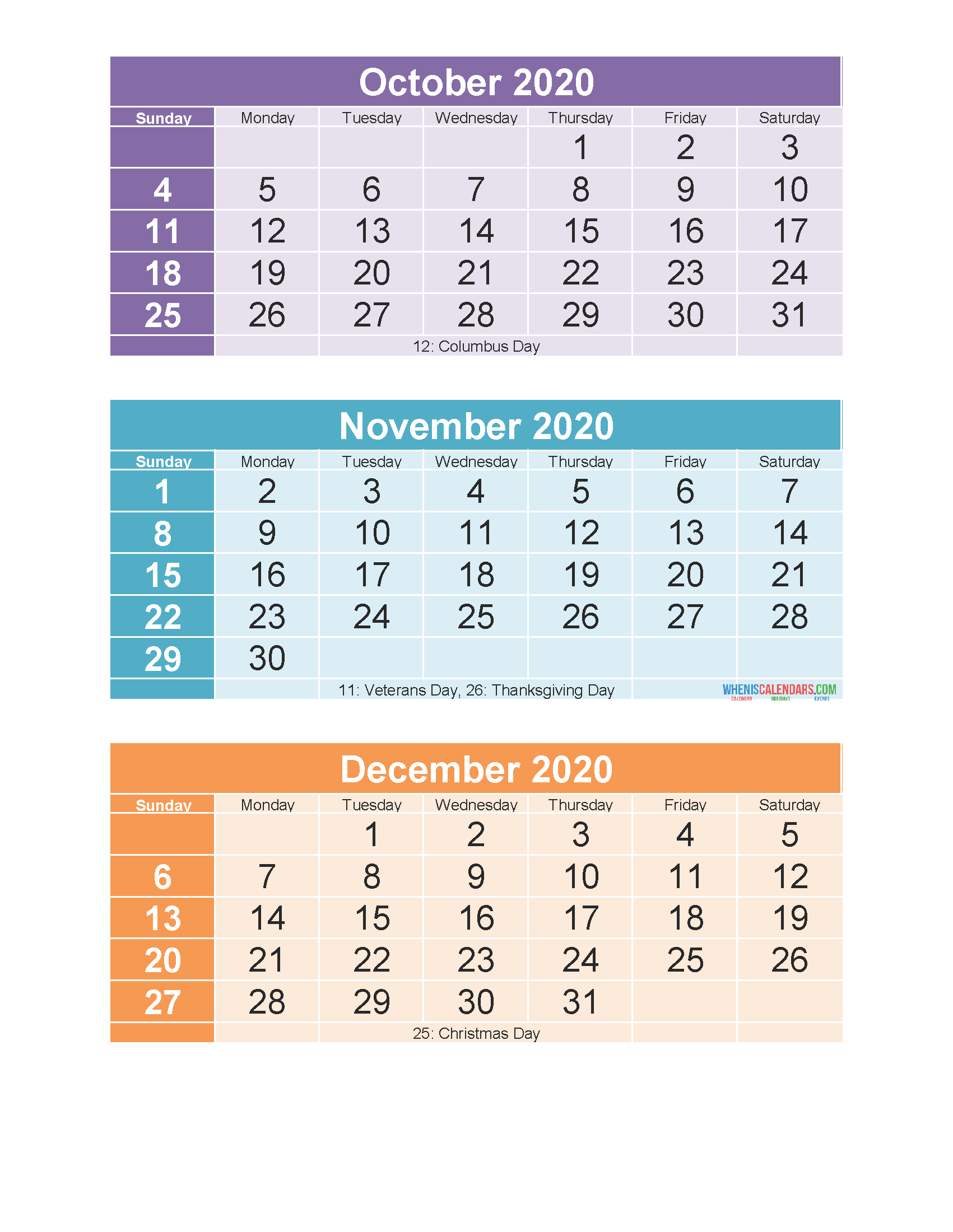 3 Month Calendar 2020 Printable Oct Nov Dec Printable