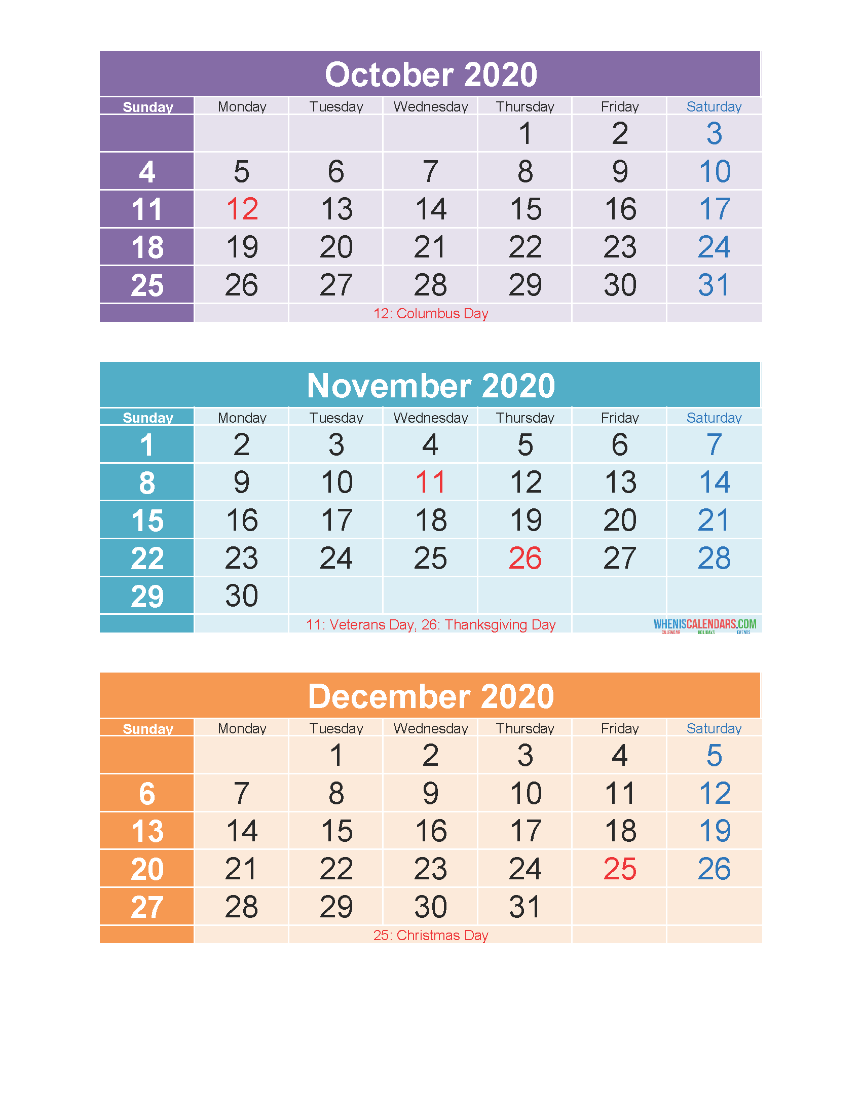 Free Printable 3 Month Calendar 2020 Oct Nov Dec PDF, Excel