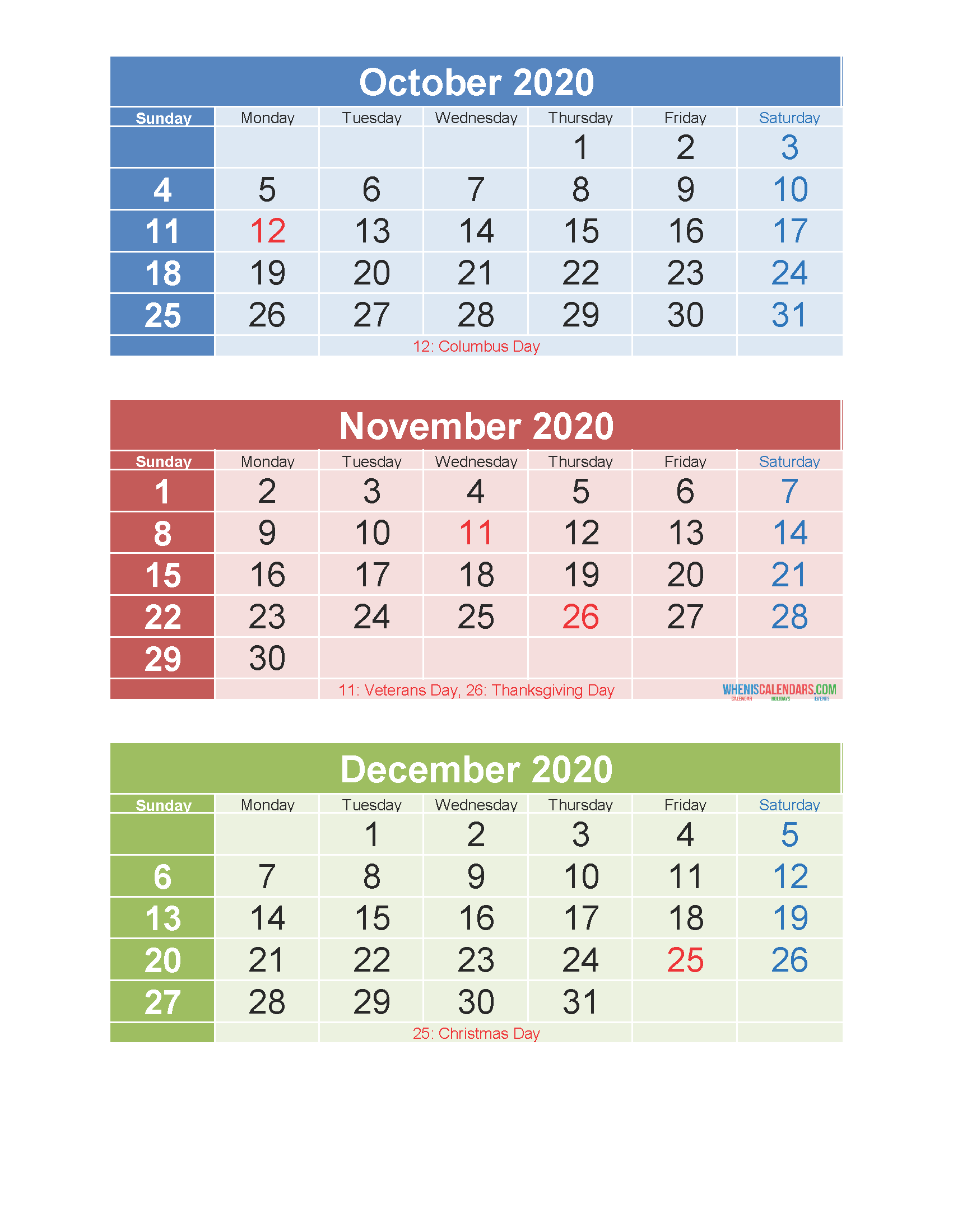 Printable Calendar October November December 2020 PDF, Excel