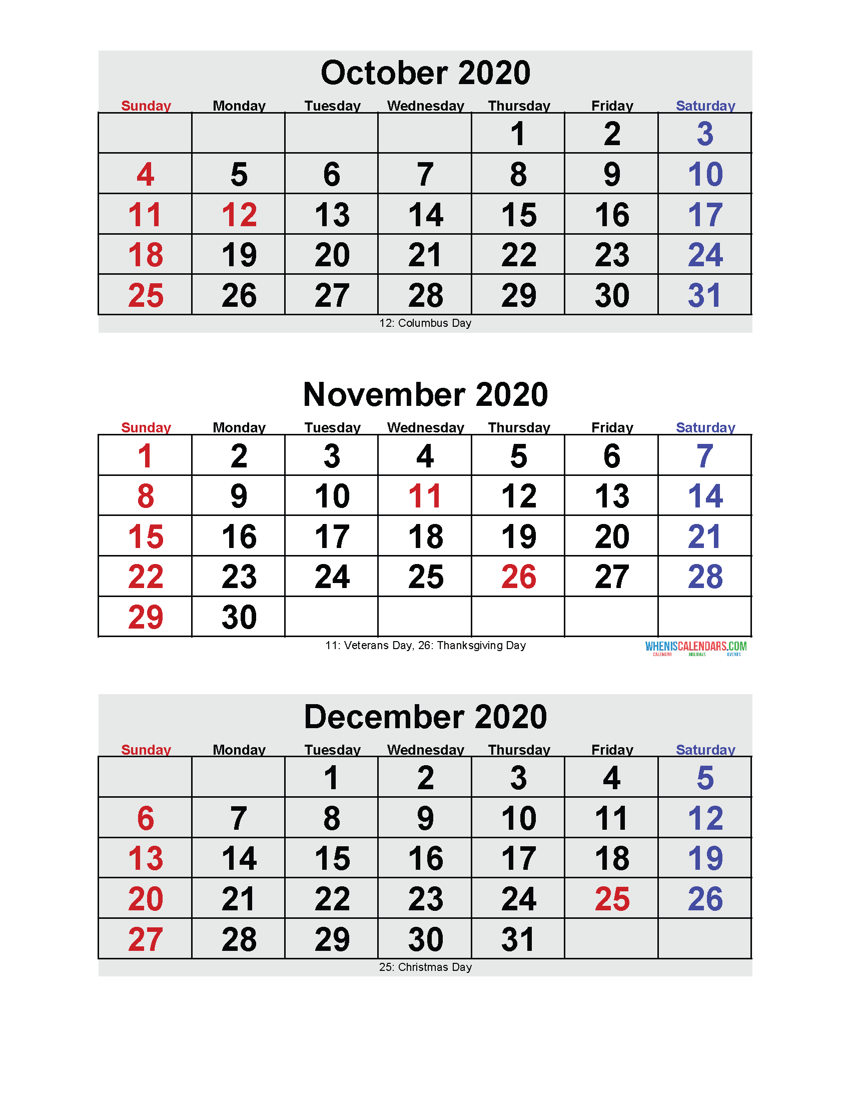 October November December 2020 Calendar 3 Months Per Page Printable