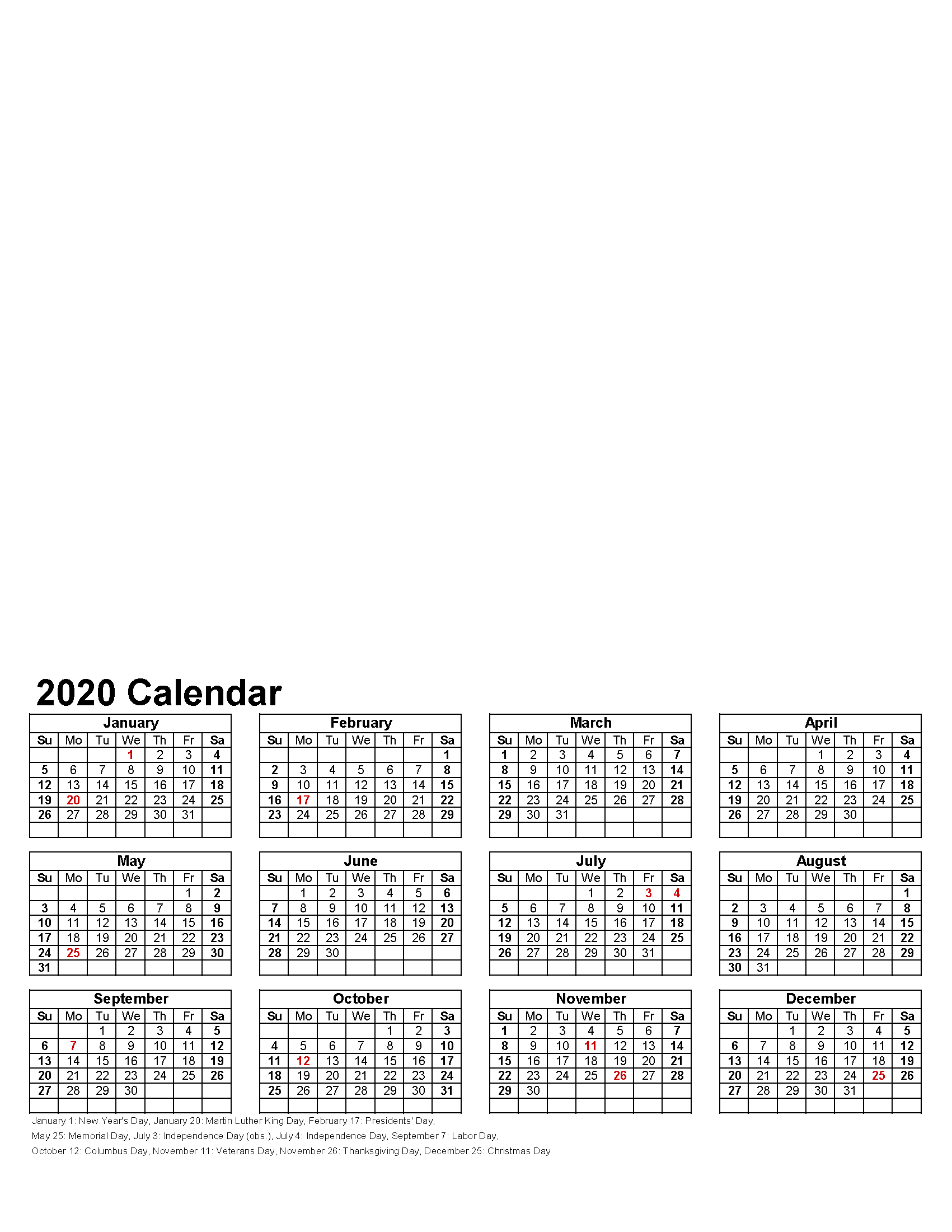 Printable 12 Month Calendar on One Page 2020 Yearly Calendar with Holidays