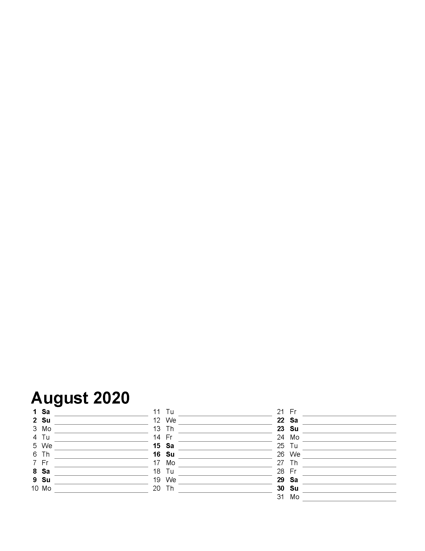 Printable Photo Calendar August 2020 with Holidays Template