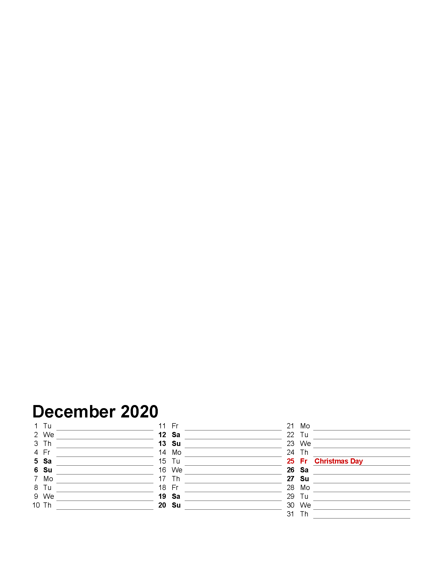 Printable Photo Calendar December 2020 with Holidays Template
