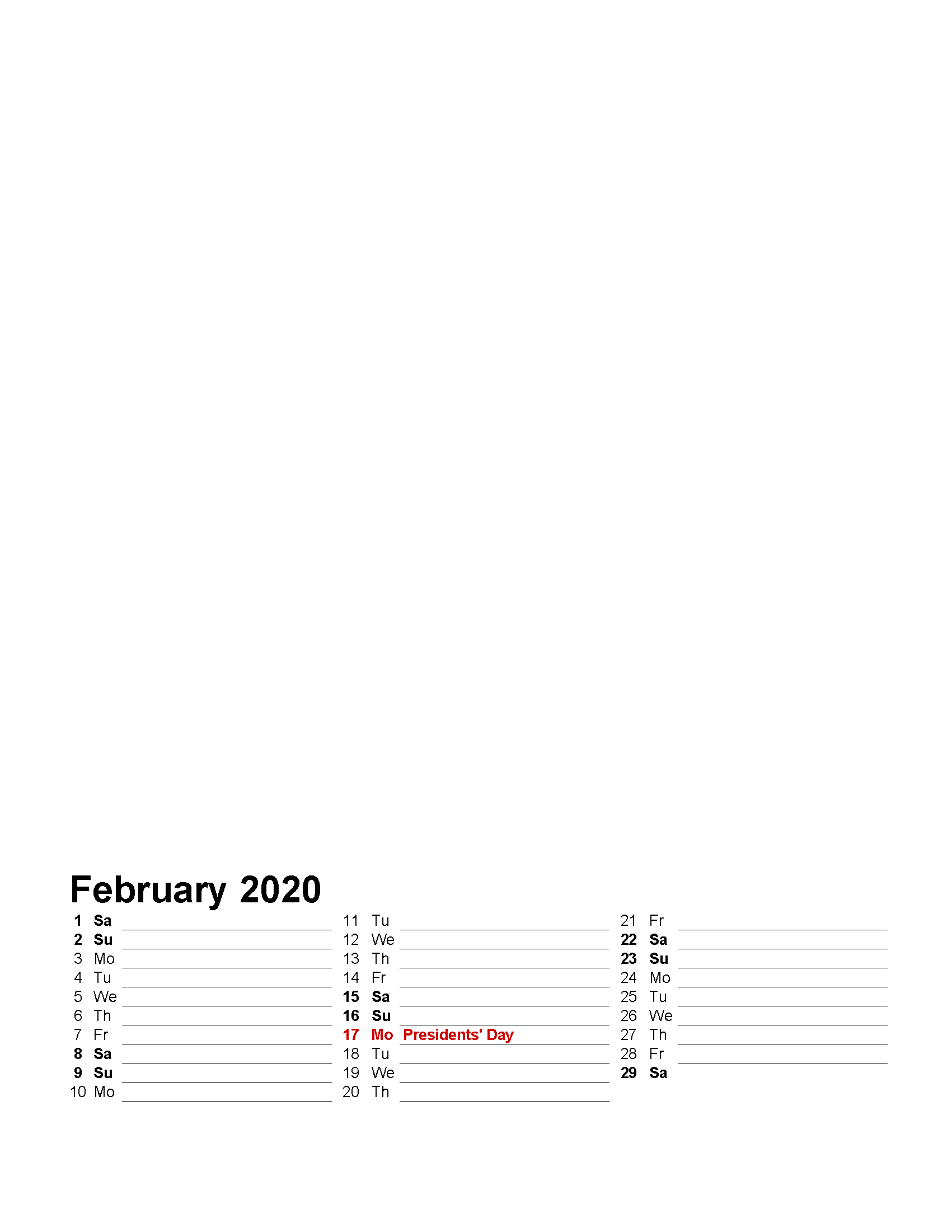Printable Photo Calendar February 2020 with Holidays Template
