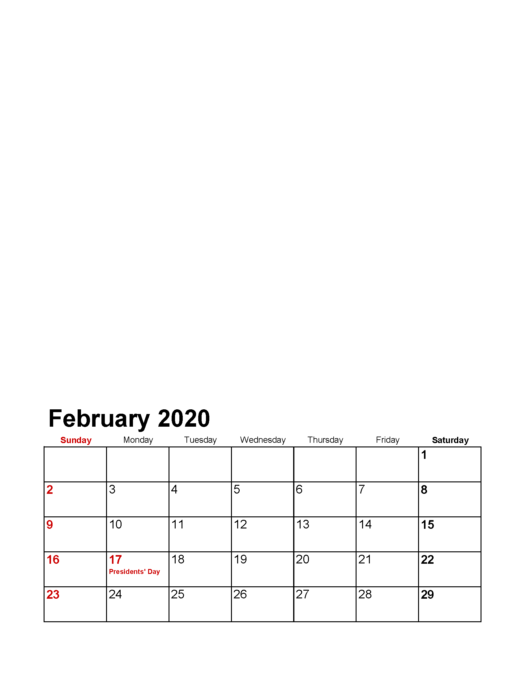 Printable February 2020 Photo Calendar with Holidays Template