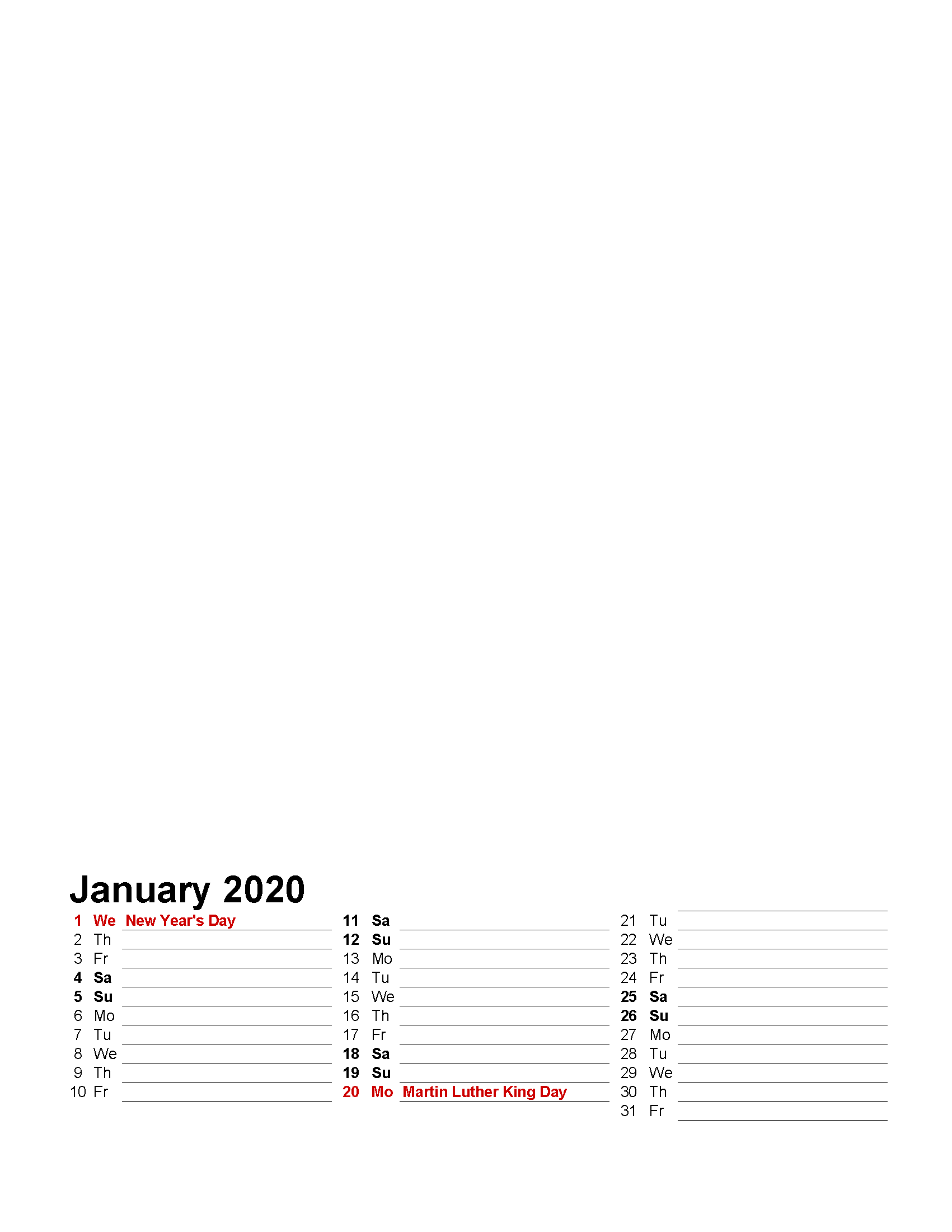 Printable Photo Calendar January 2020 with Holidays Template