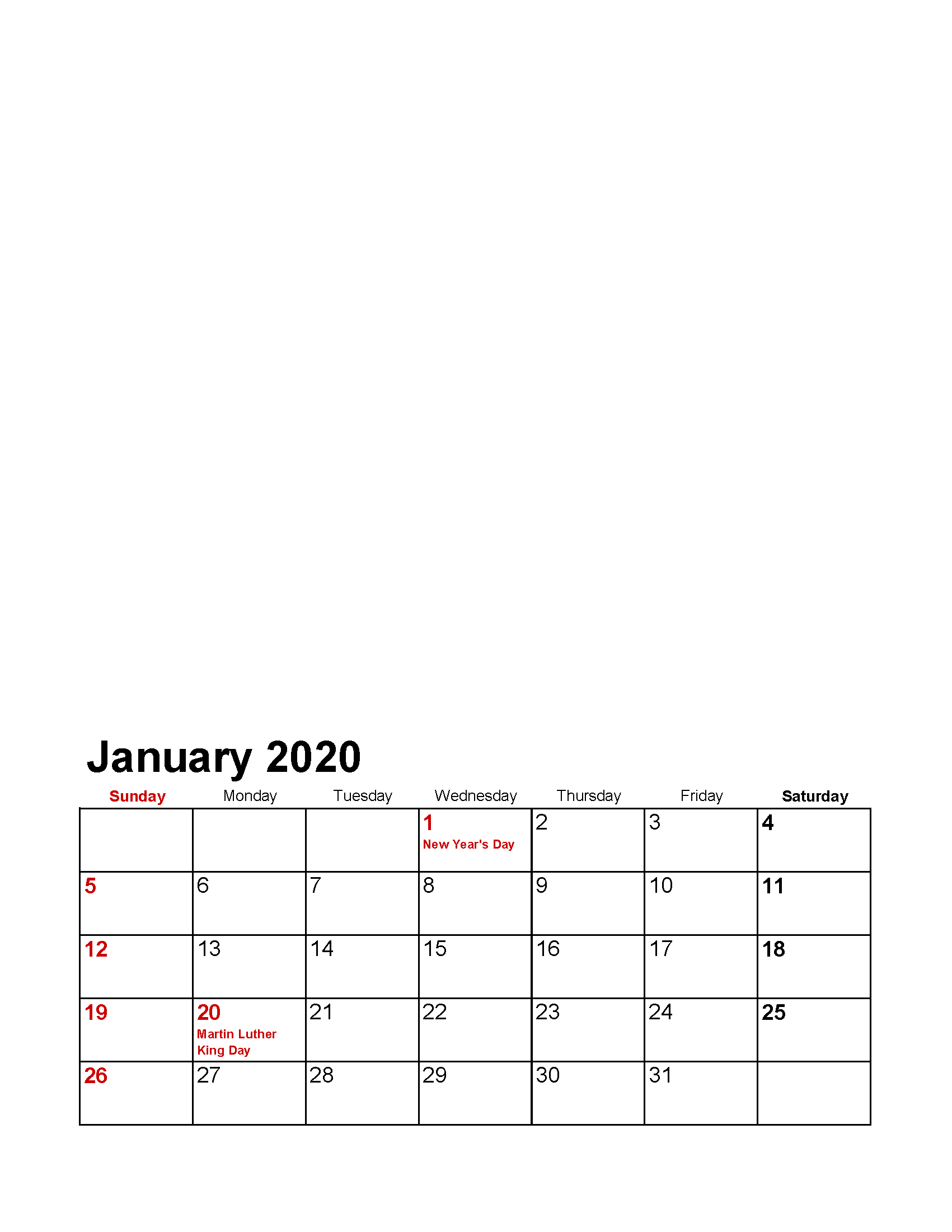 Printable January 2020 Photo Calendar with Holidays Template