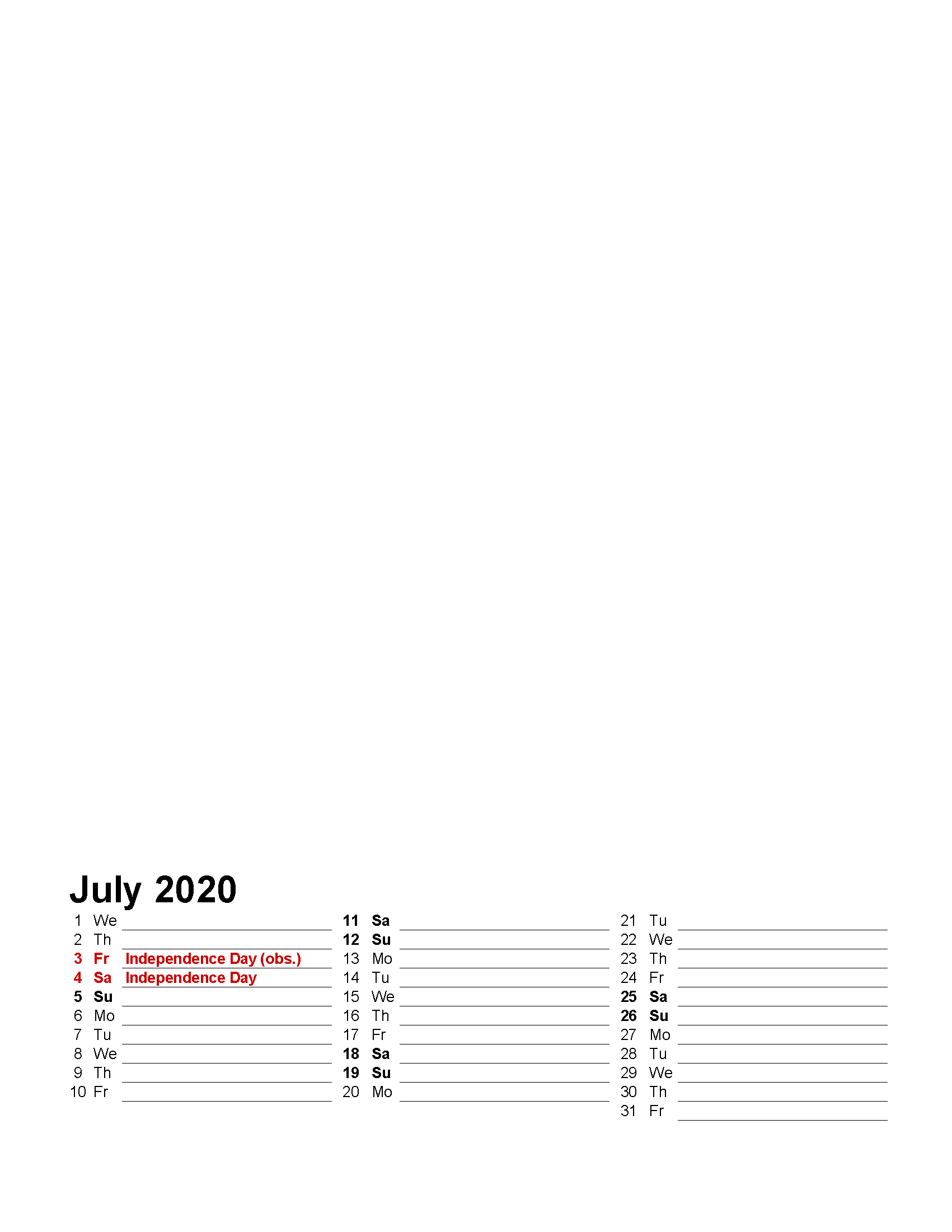 Printable Photo Calendar July 2020 with Holidays Template