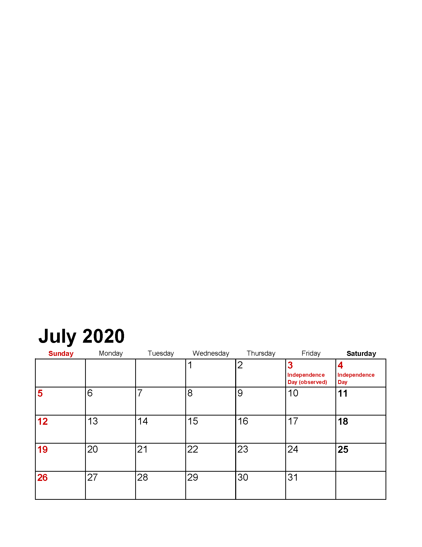 Printable July 2020 Photo Calendar with Holidays Template