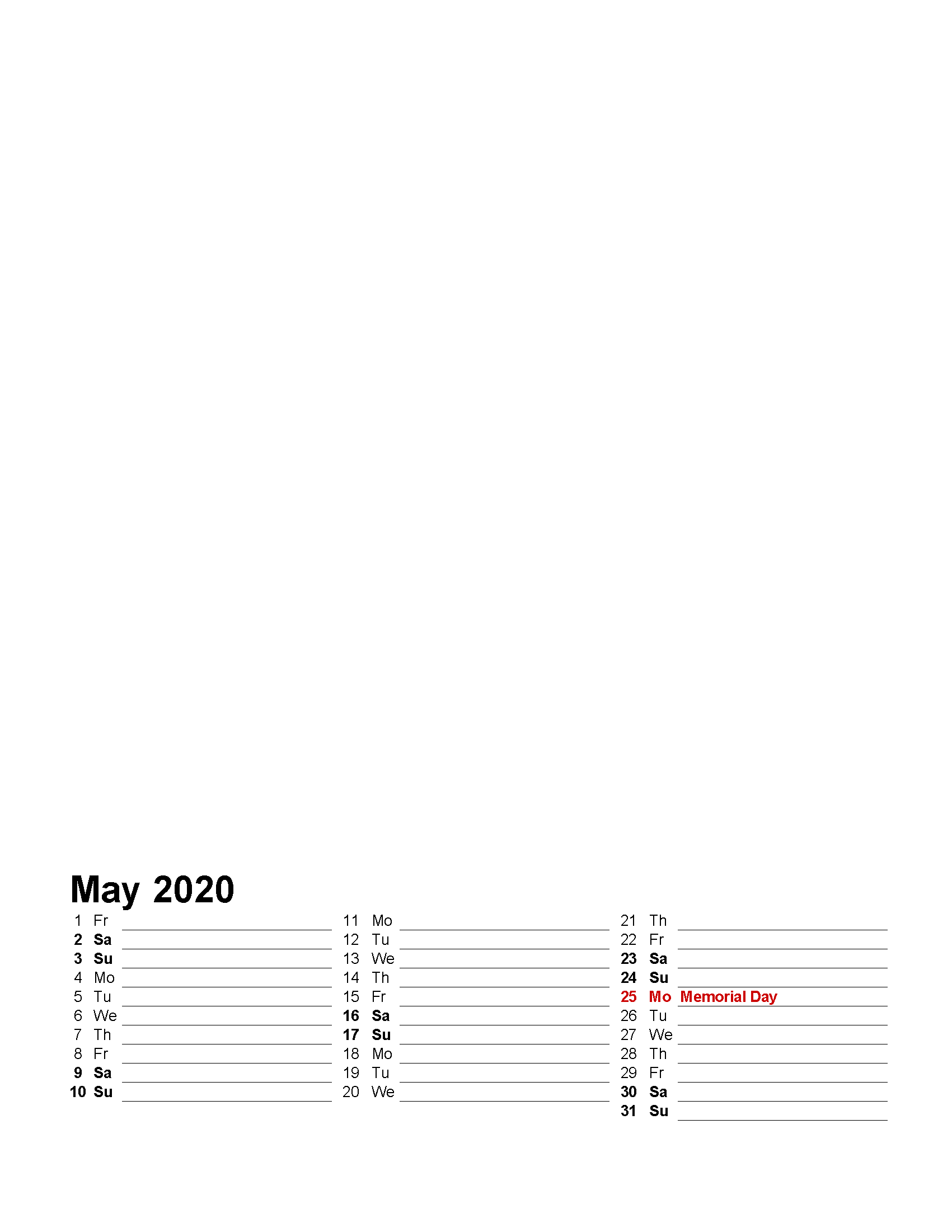 Printable Photo Calendar May 2020 with Holidays Template