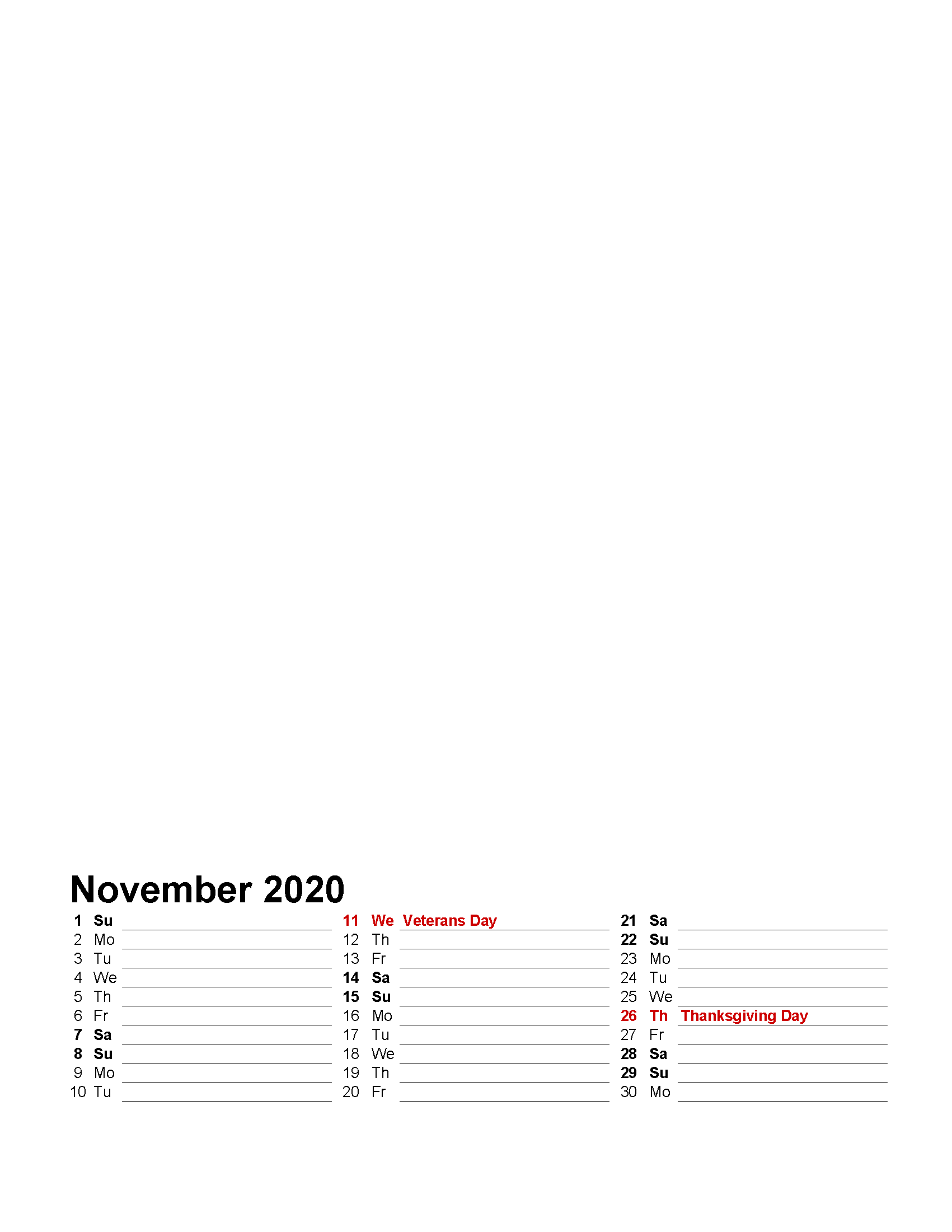 Printable Photo Calendar November 2020 with Holidays Template