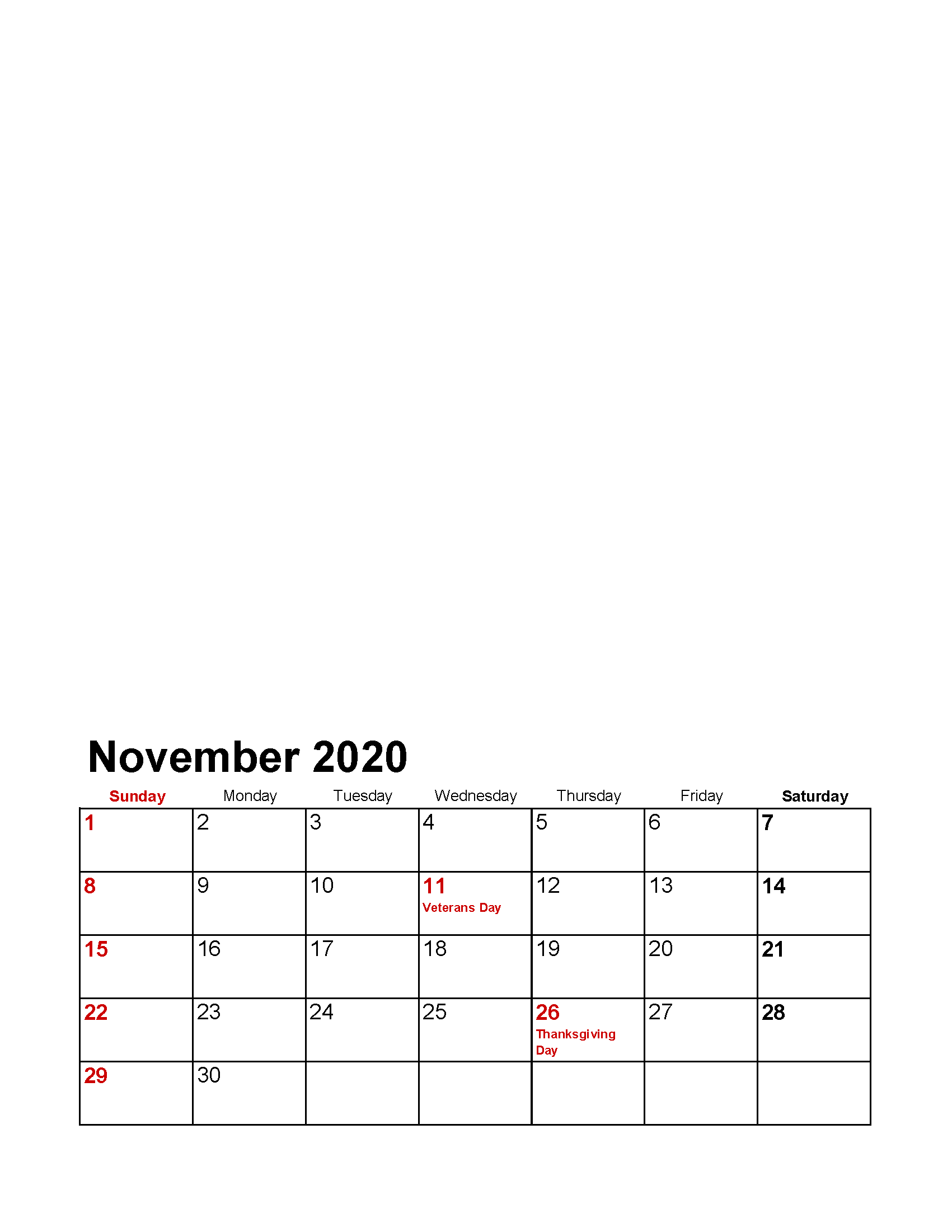 Printable November 2020 Photo Calendar with Holidays Template