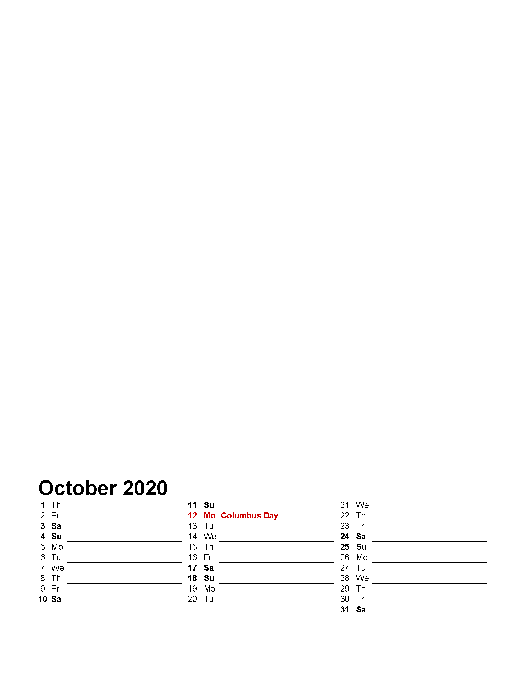 Printable Photo Calendar October 2020 with Holidays Template