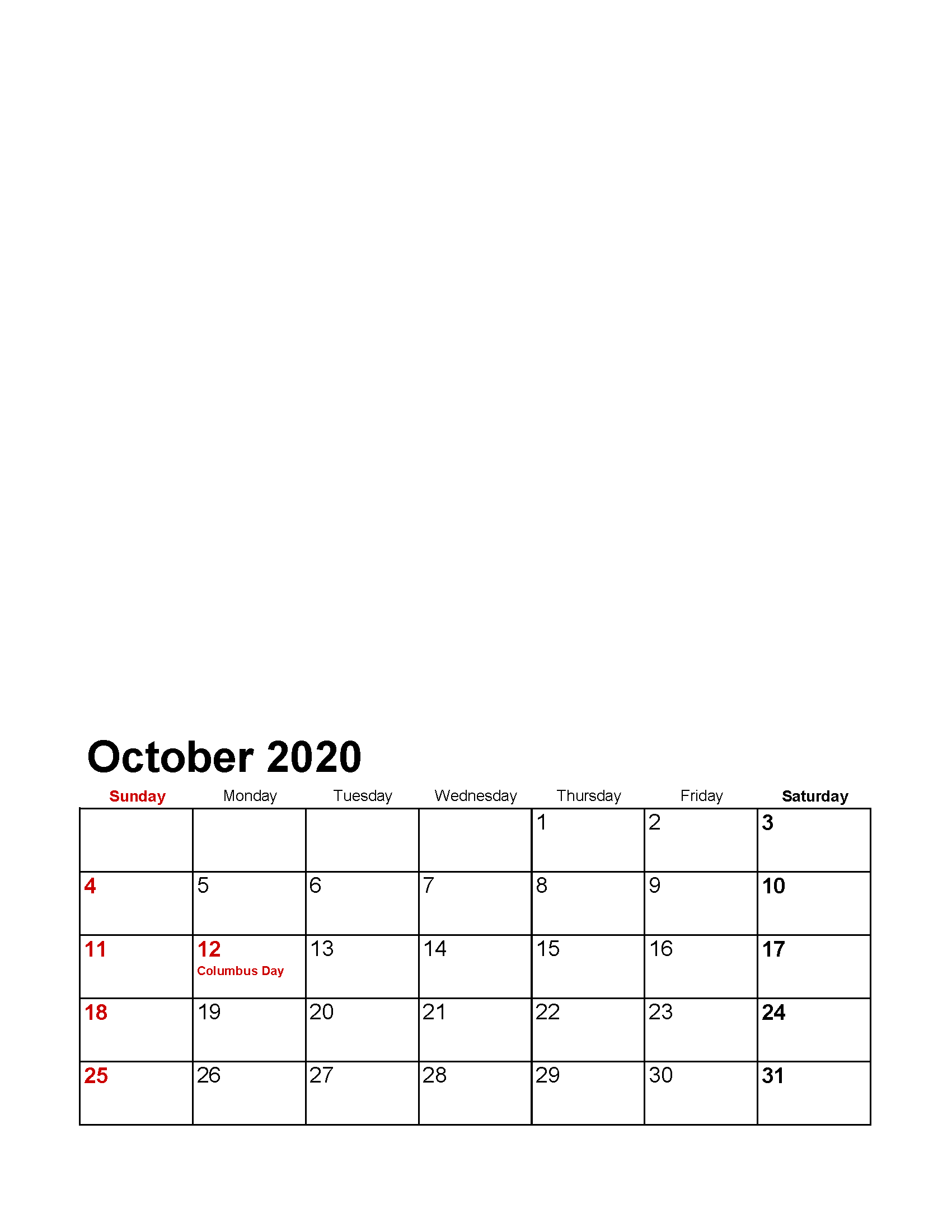 Printable October 2020 Photo Calendar with Holidays Template