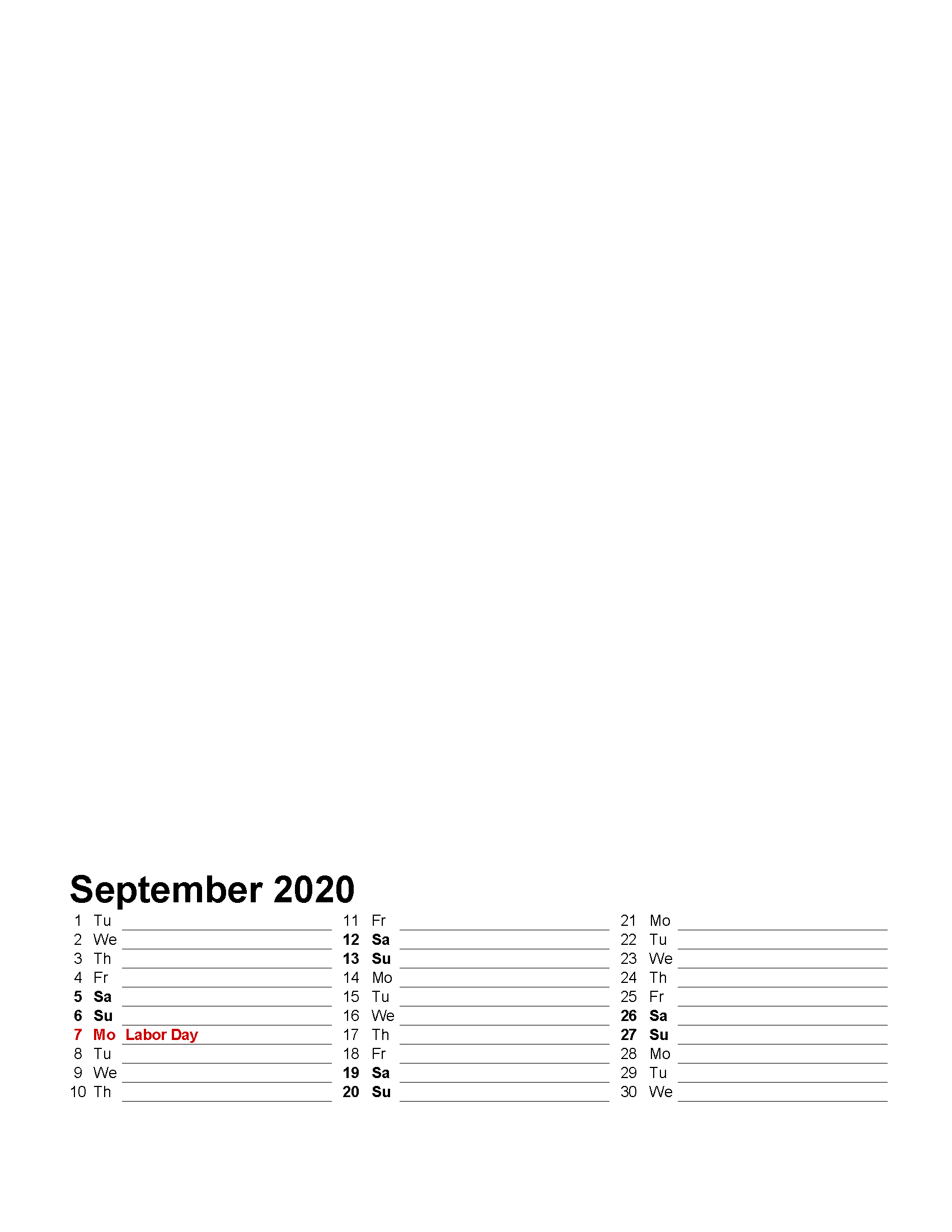 Printable Photo Calendar September 2020 with Holidays Template