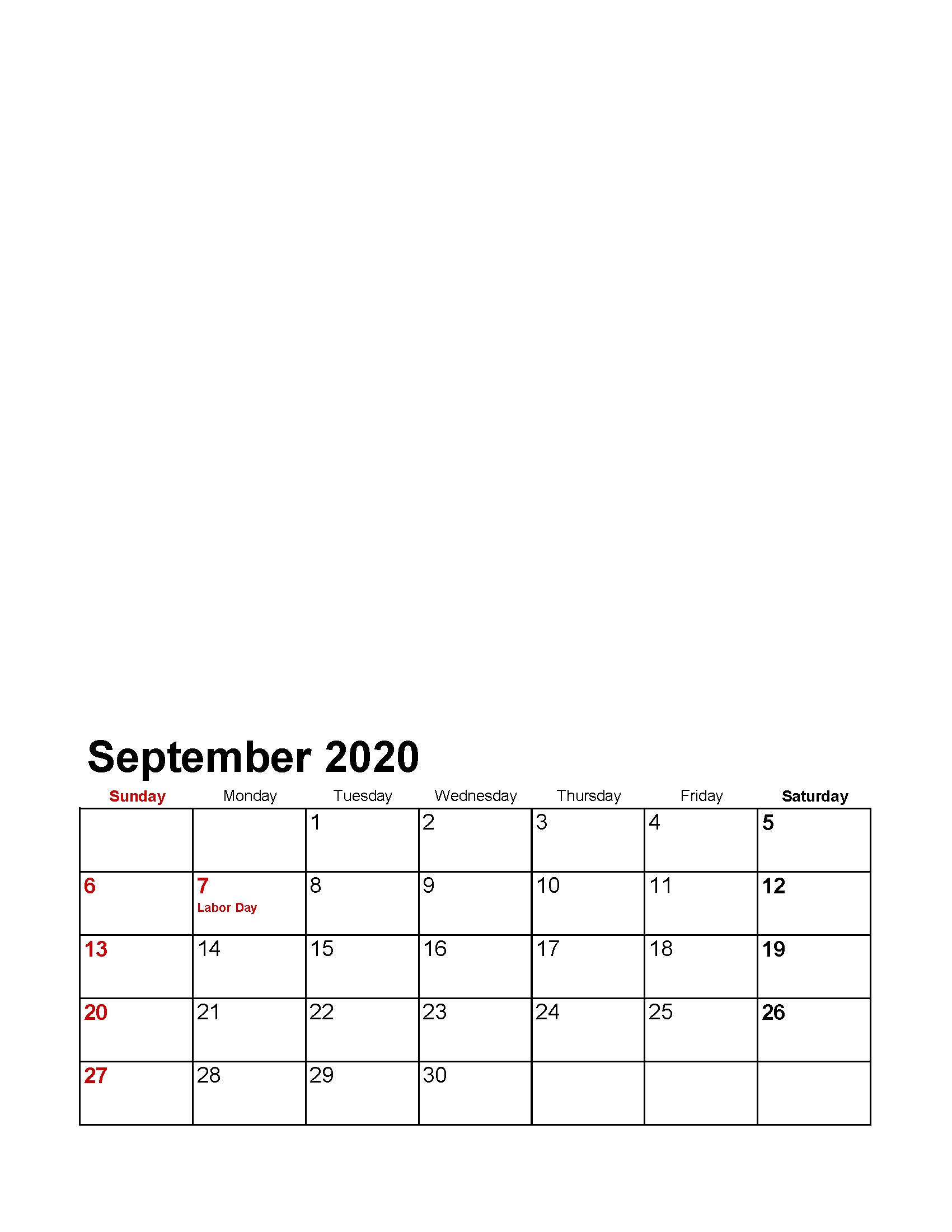 Printable September 2020 Photo Calendar with Holidays Template