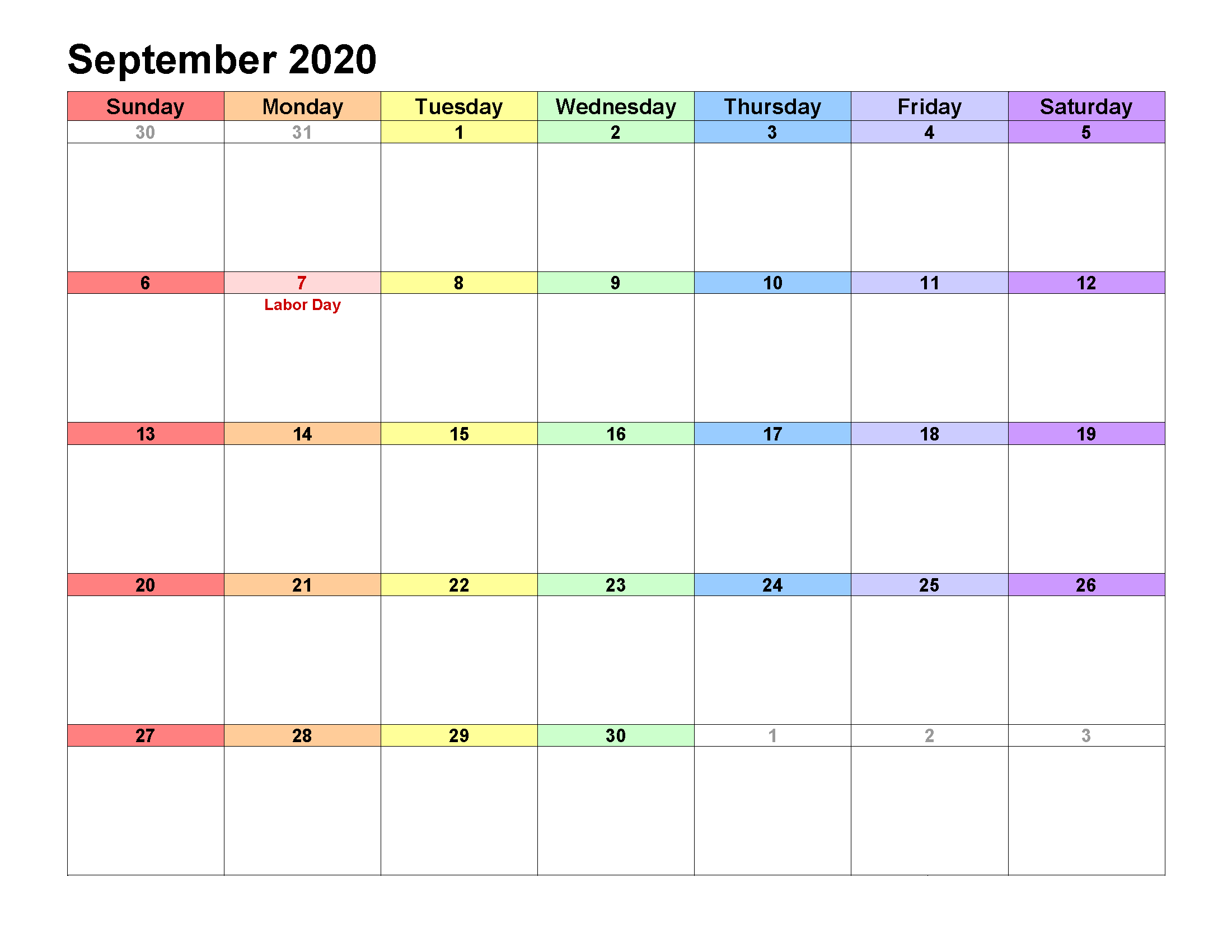 Printable Calendar Template September 2020 Calendar landscape