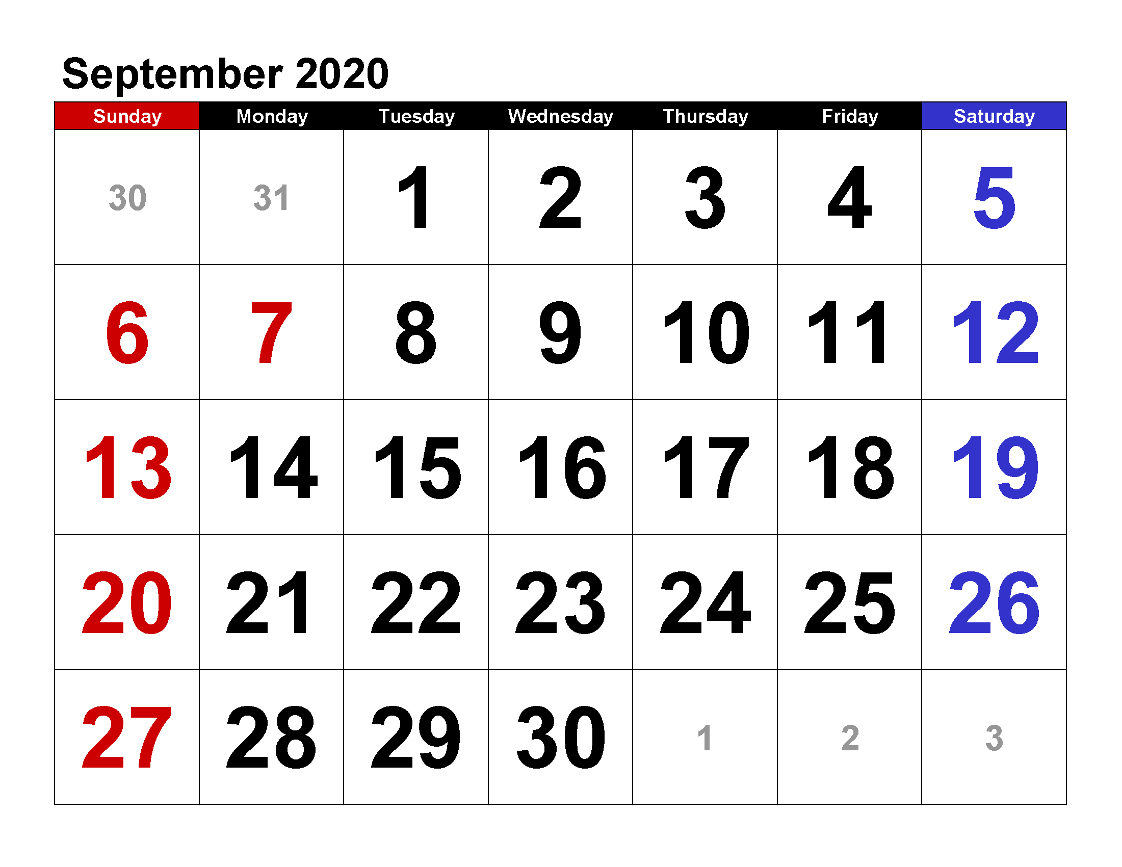 Printable Calendar Template September 2020 Calendar large numerals