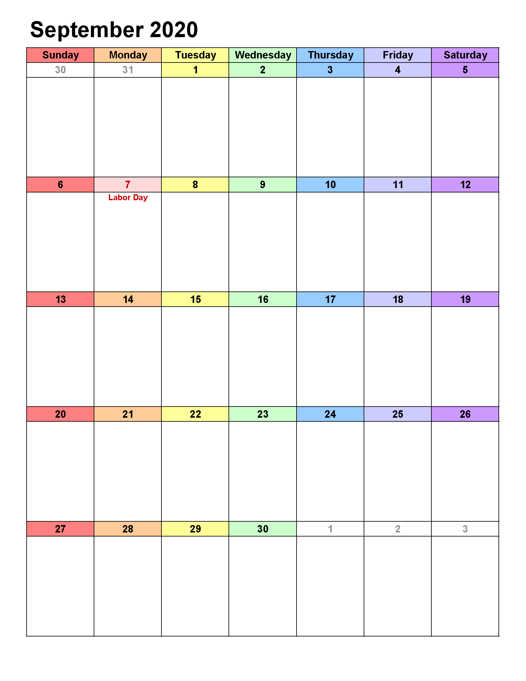 Printable Calendar Template September 2020 Calendar portrait