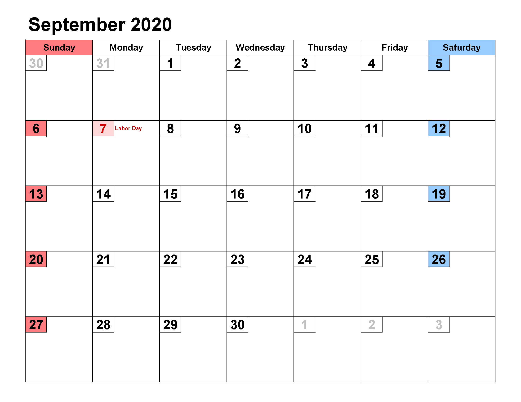 Printable Calendar Template September 2020 Calendar small numerals