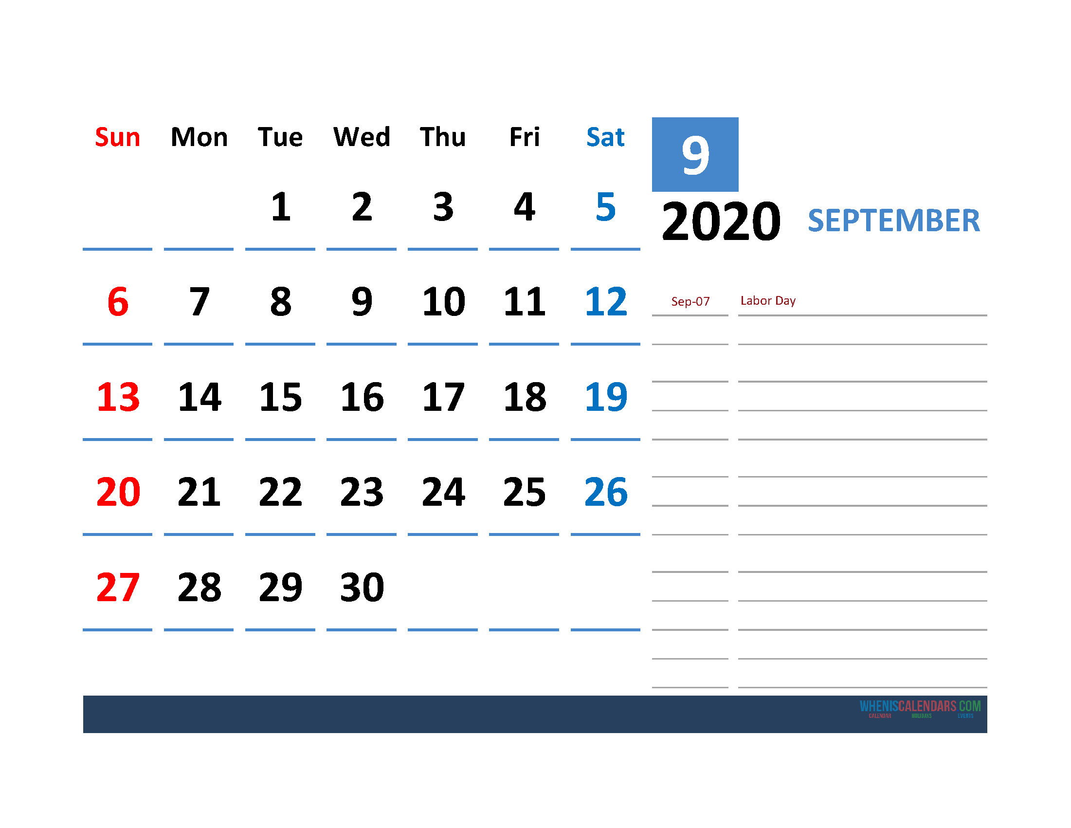 Printable Calendar Template September 2020 Calendar with Holidays